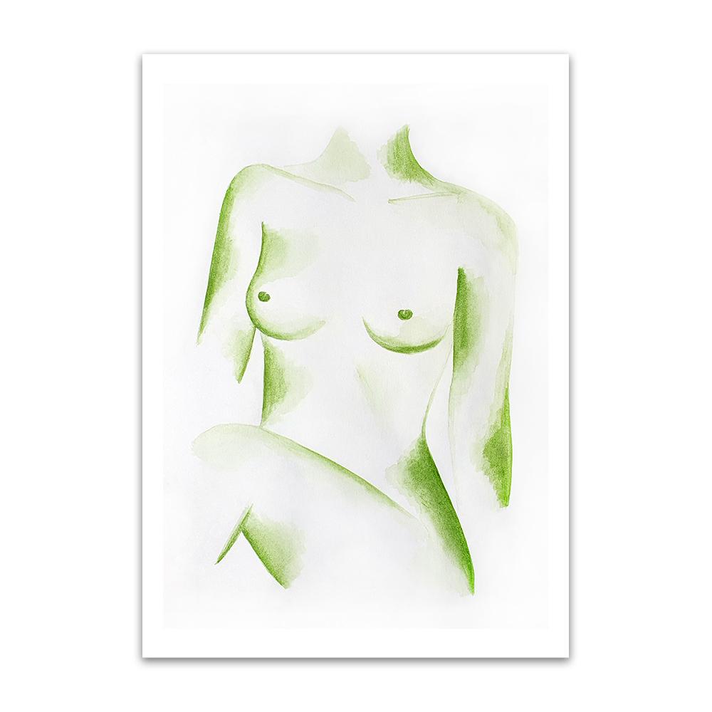 A watercolour print by Clarrie-Anne on eco fine art paper titled Poised showing the naked top half a female figure in green watercolour with a white background.
