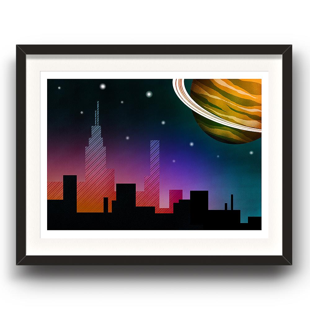 A digital painting called Planet Skyline by Lily Bourne showing a nearby animated ringed planet over a city skyline. The image is set in a black coloured picture frame.