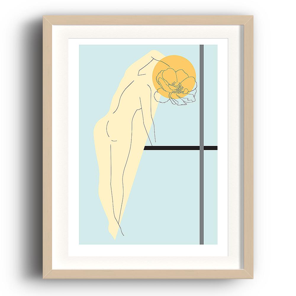 An abstract digital art print by Clarrie-Anne on eco fine art paper titled Bloom showing a line drawing of a female with a flower head, a yellow cricle on a blue background with black and grey lines. The image is set in a beech coloured picture frame.