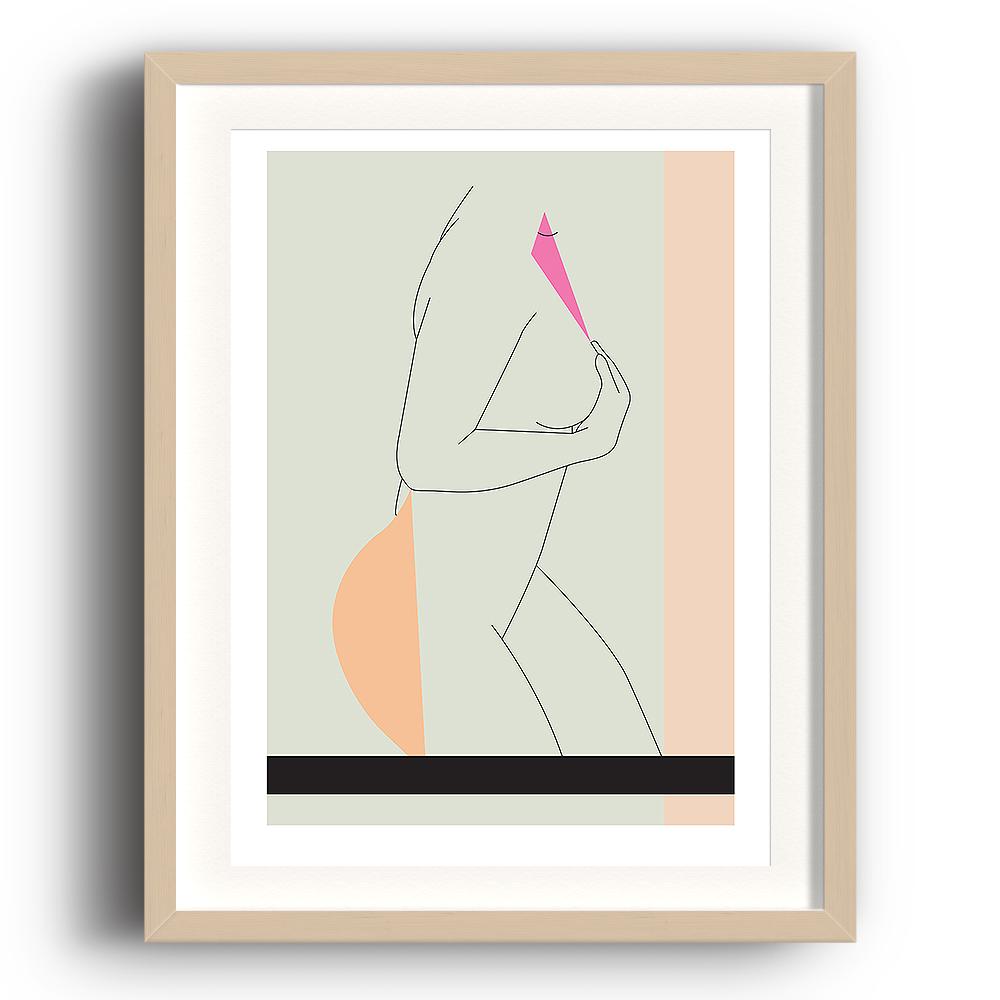 An abstract digital illustration print by Clarrie-Anne on eco fine art paper titled Body showing the side view of a woman drawn as a line drawing with abstract shapes. The image is set in a beech coloured picture frame.