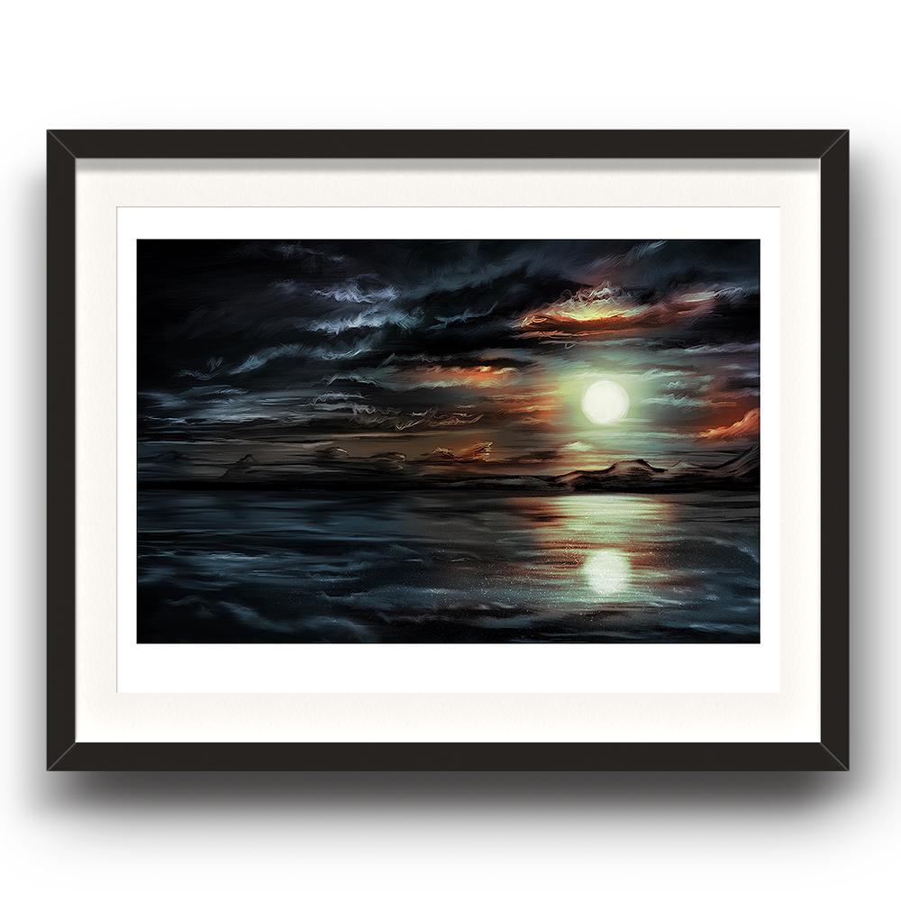 A digital painting by Lily Bourne printed on eco fine art paper titled Moonlight Calm showing a moonlit night with the moon relecting in the calm sea. The image is set in a black frame coloured picture frame.