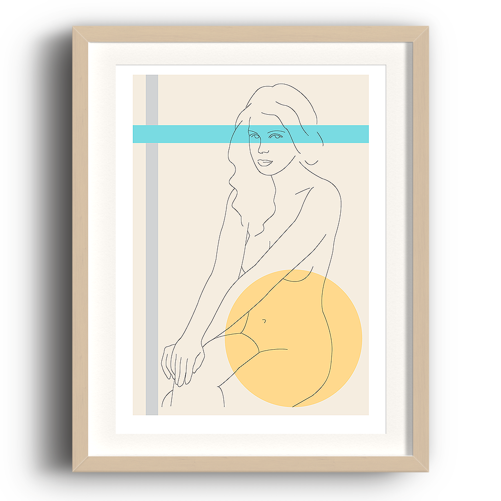 A digital illustration by Clarrie-Anne on eco fine art paper titled I Am Woman showing a handdrawn lined woman sitting with an abstract yellow circle and grey border line in the picture. The image is set in a beech coloured picture frame.