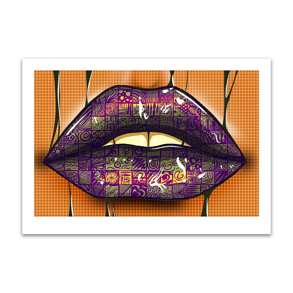 A digital painting by Lily Bourne printed on eco fine art paper titled Paint My Lips showing a purple animated tattoo pair of lips with a broken orange dotted background.