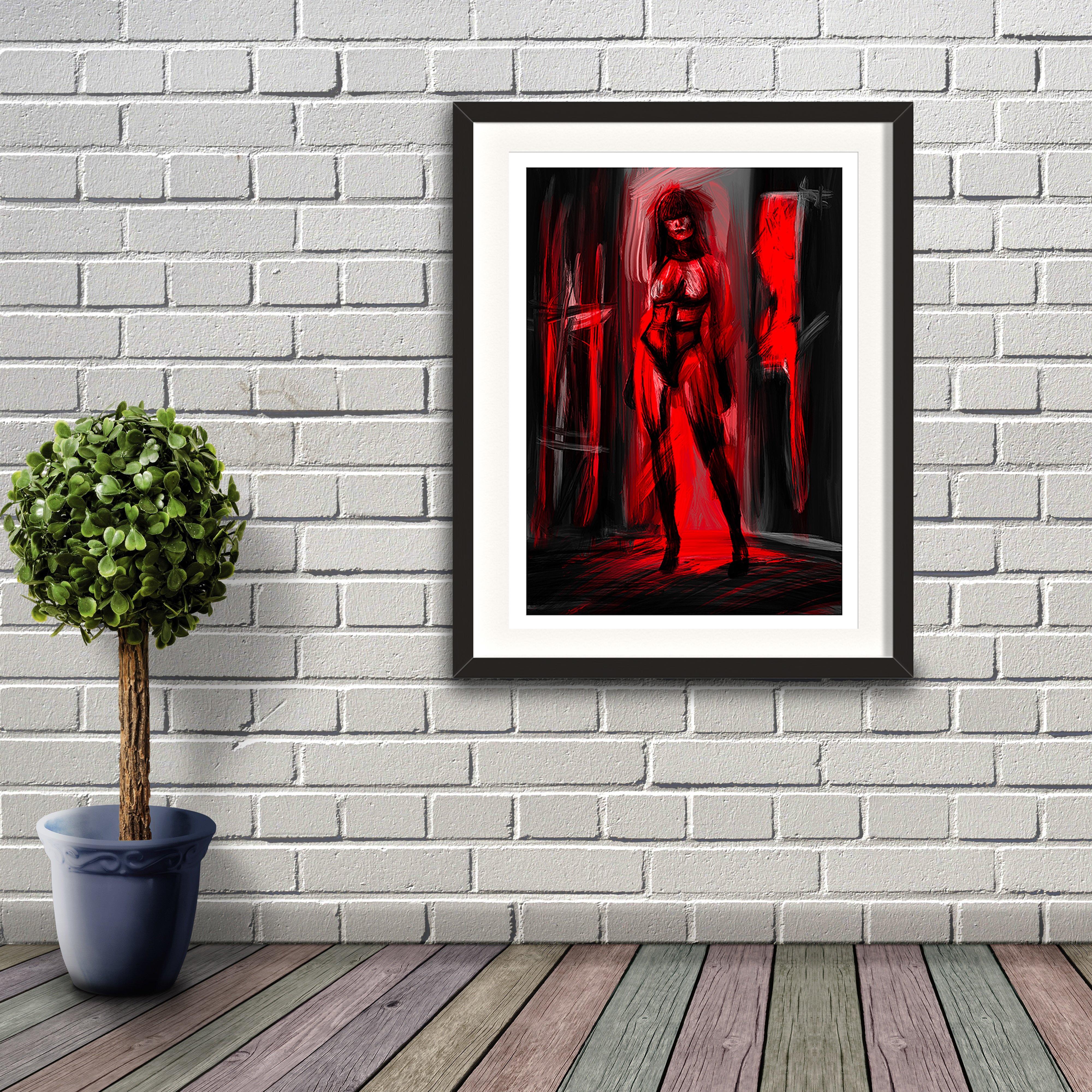 Red & black coloured image by Lily Bourne called Inner Silhouette showing an erotic lady standing in a doorway. Image depicts a demon of the mind. Artwork shown in a black frame hanging on a brick wall.