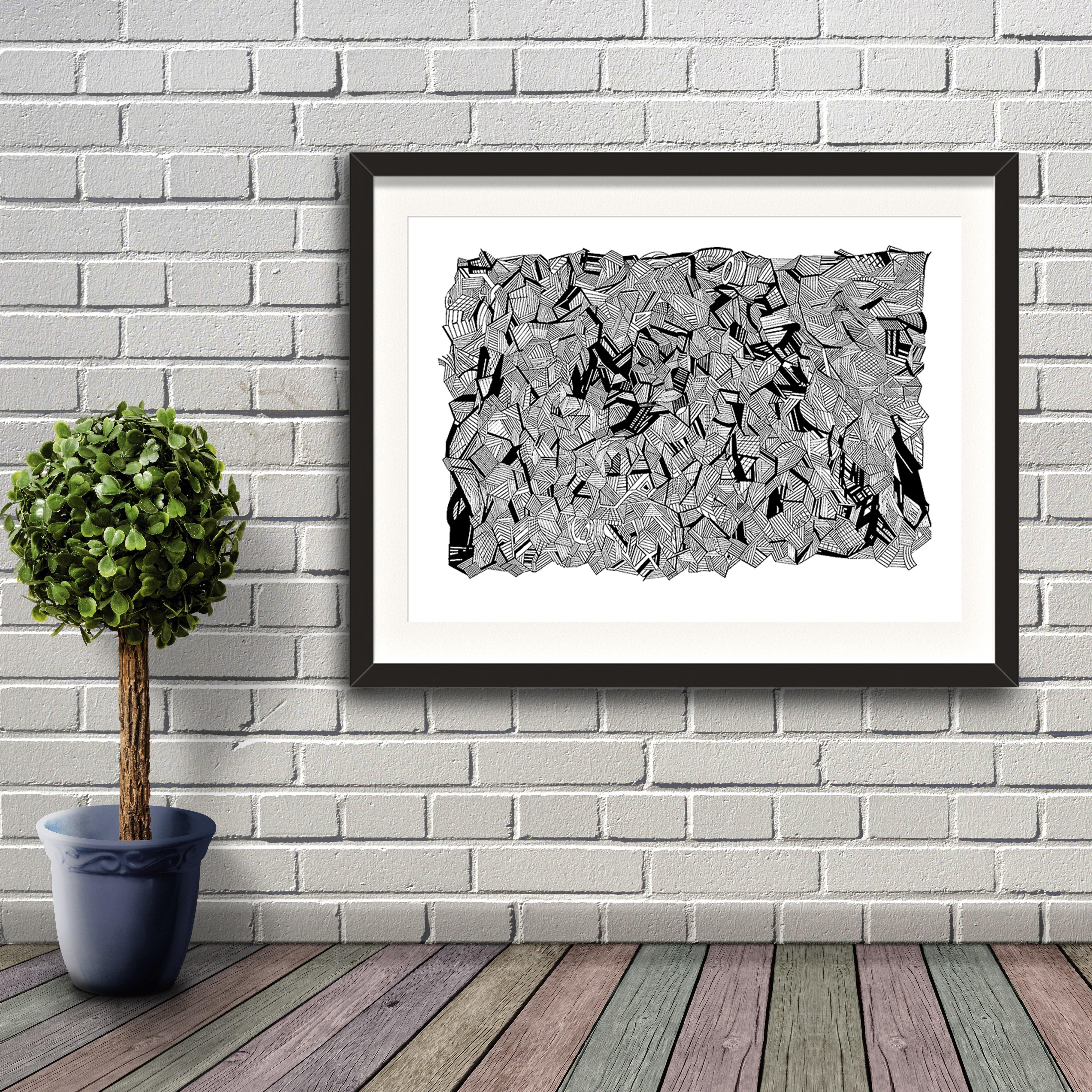 A fine art print from Jason Clarke titled Project 2 drawn with a black Pentel pen and dated 25/7/15. Artwork shown in a black frame hanging on a brick wall.