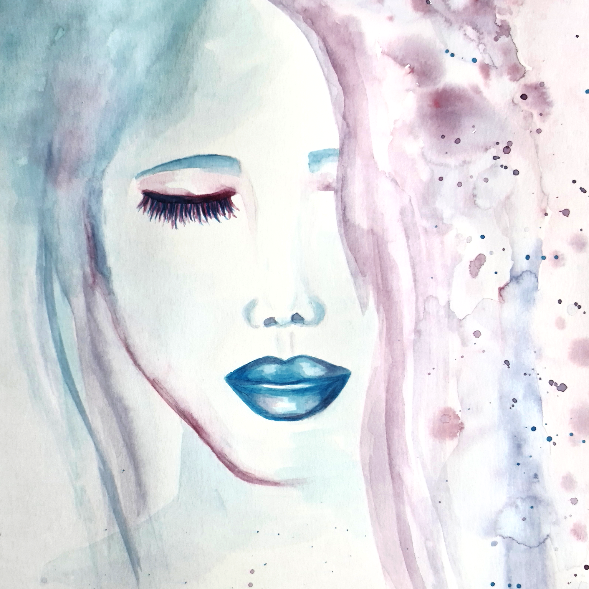 Close up of a limited edition watercolour print by Clarrie-Anne on eco fine art paper titled Compassion showing a female face, eyes shut with blue lips.