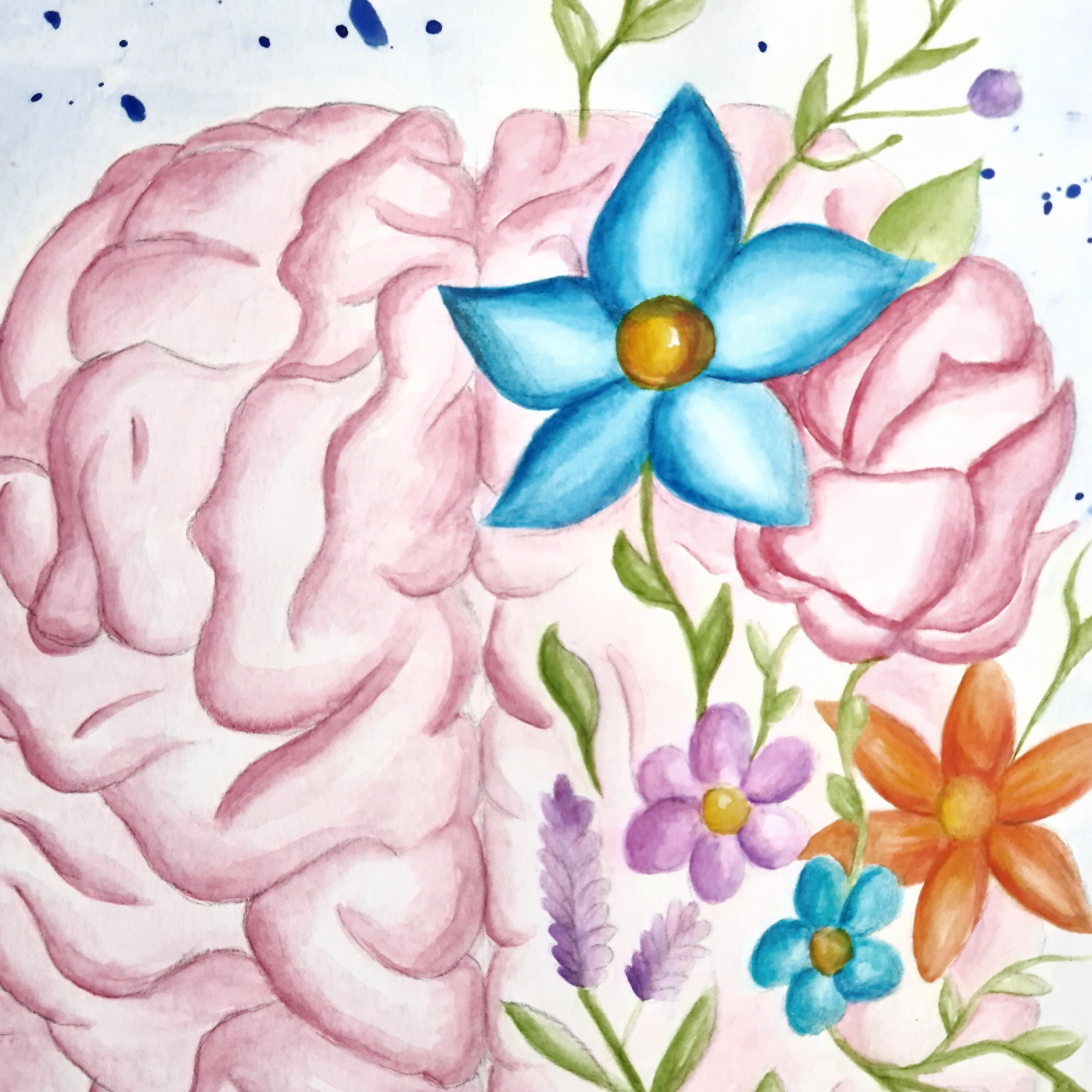 Close up of a watercolour print by Clarrie-Anne on eco fine art paper titled Mindfulness showing a brain with flowers surrounding it.