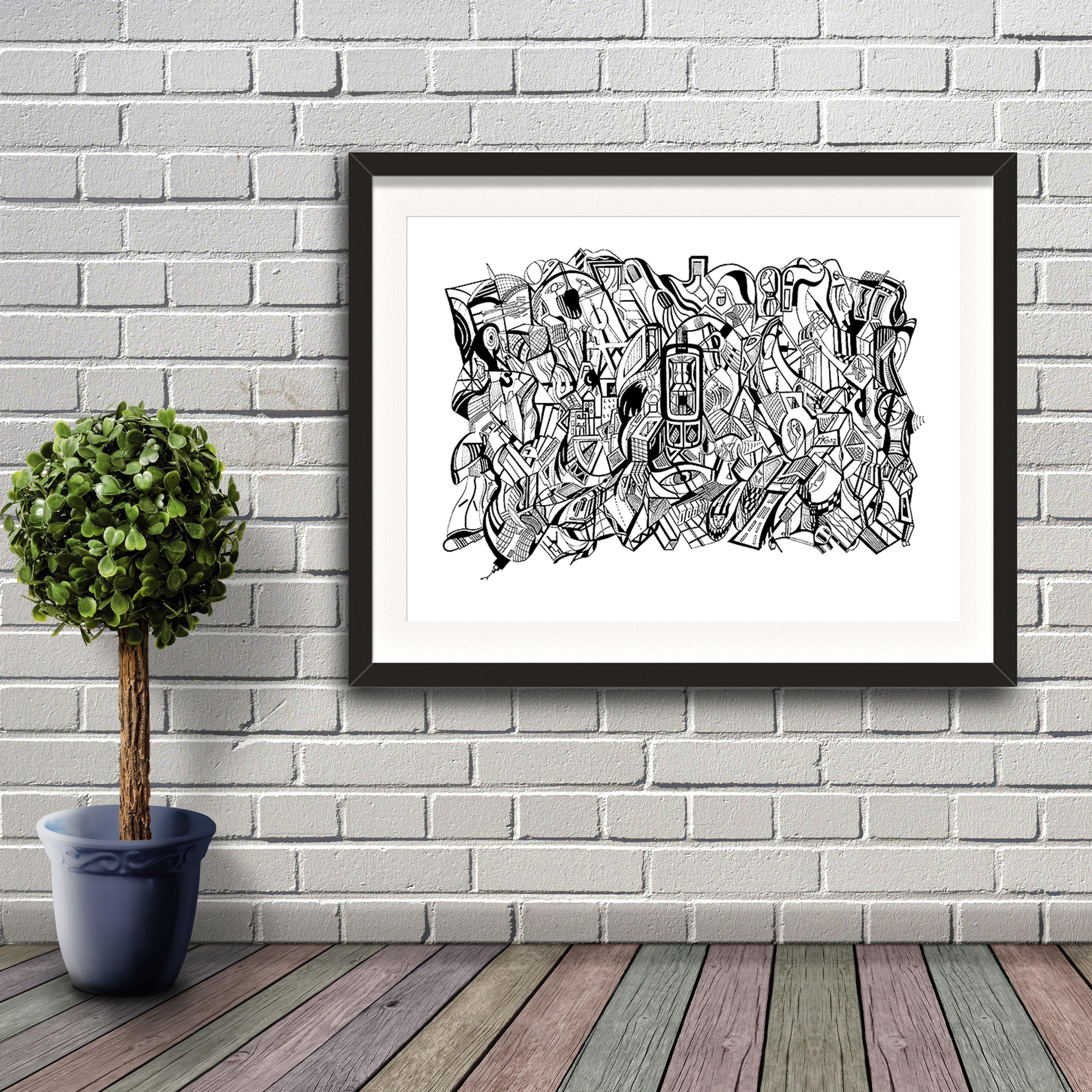 A fine art print from Jason Clarke titled Mobile drawn with a black Pentel pen. Artwork shown in a black frame hanging on a brick wall.