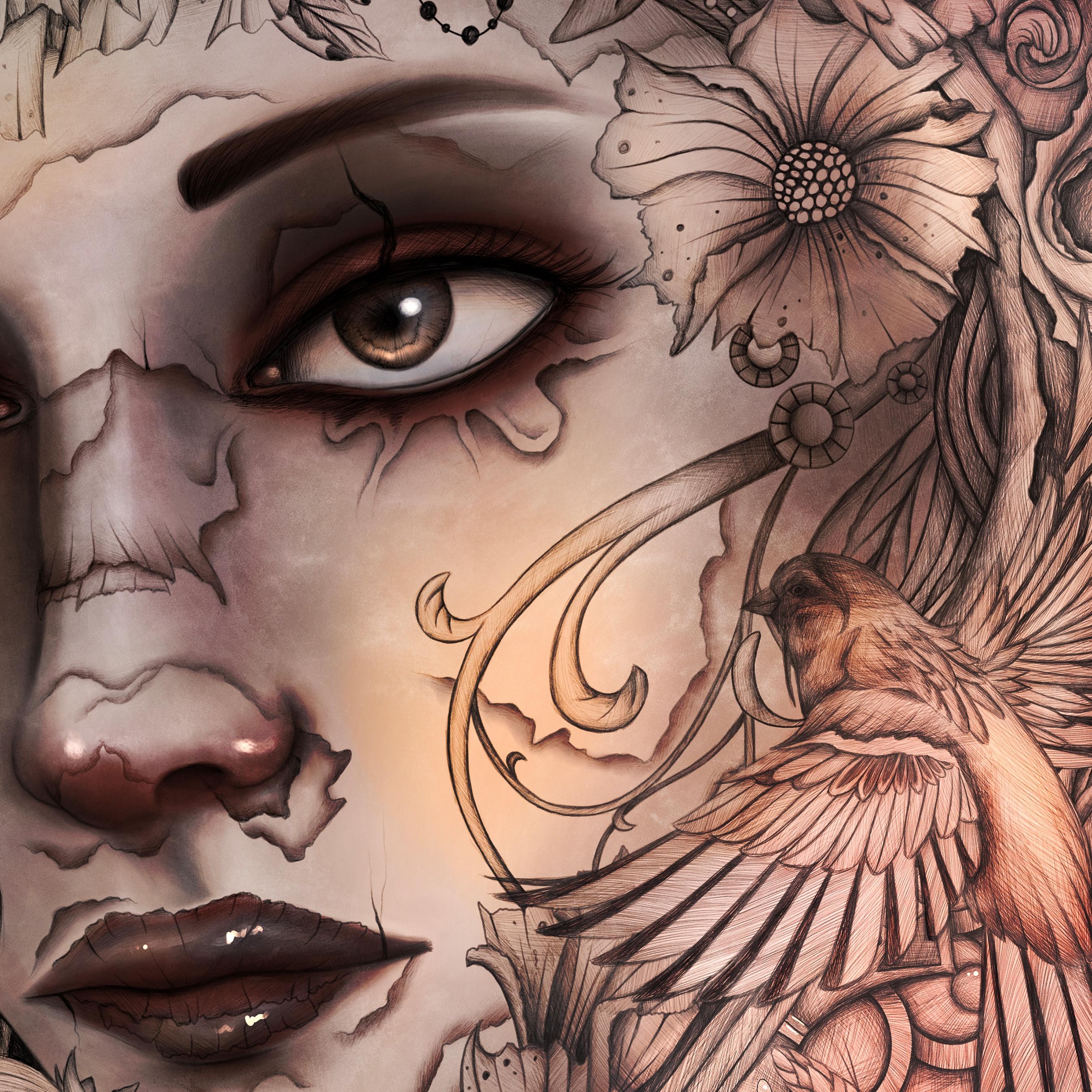Close up of a digital painting by Lily Bourne printed on eco fine art paper titled Kalopsia showing an intricate line drawing of a female face with a bird and skull.