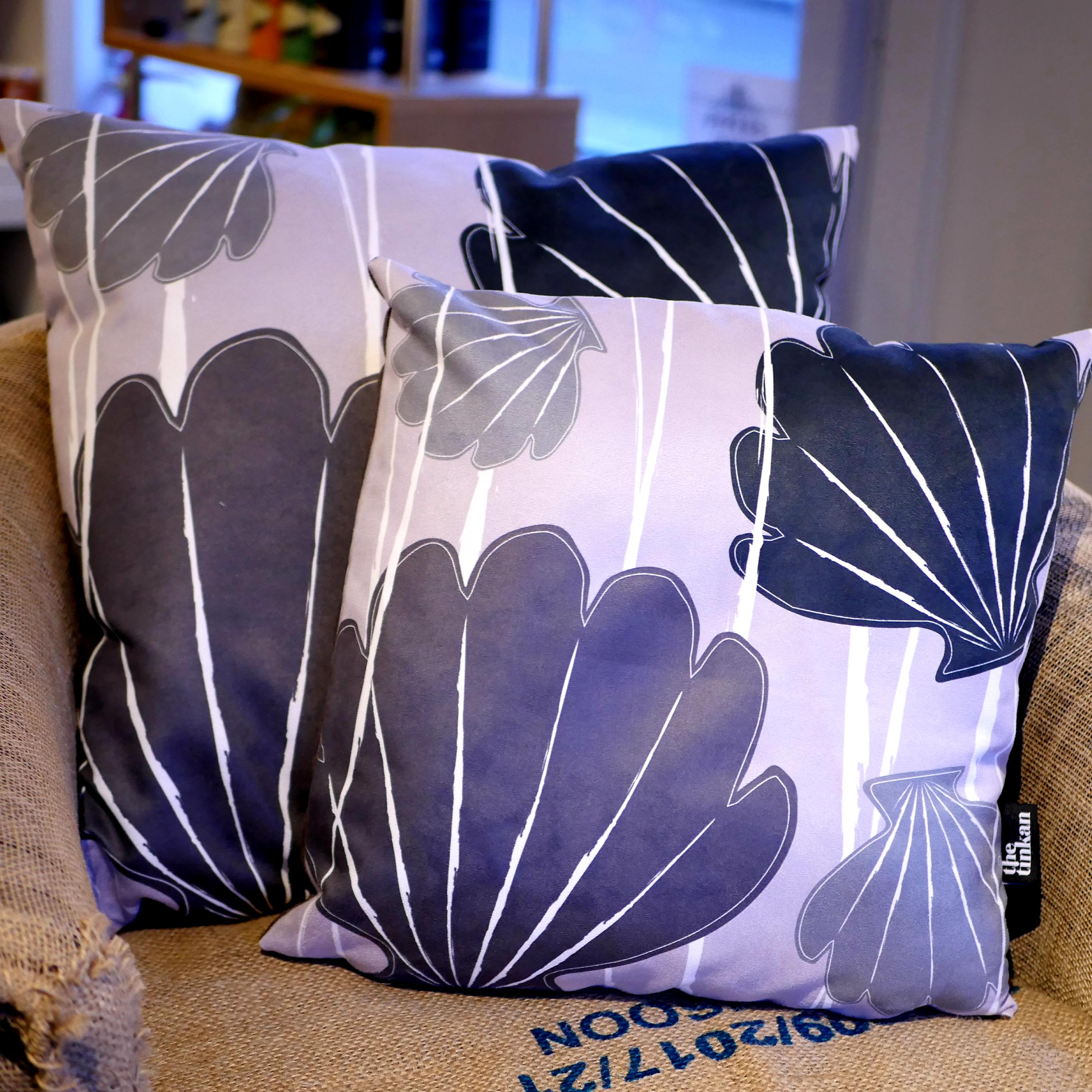 Black, charcoal grey & light grey faux suede soft feel Abstract Shells Cushions, 43cm & 57cm square, with luxury inner pads designed by thetinkan. VIEW PRODUCT >>
