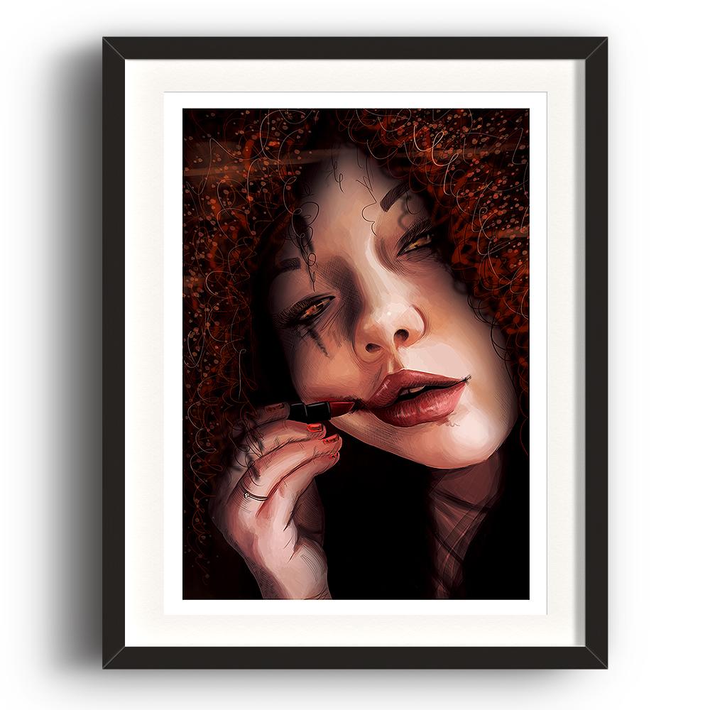A digital painting called Repeat by Lily Bourne showing a curly haired female with a eyeshadow smudged after crying. She is applying lipstick which she is smudging across her face and has dirt beneath her nails. The image is set in a black coloured picture frame.