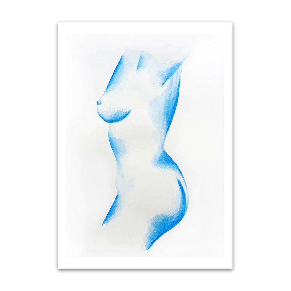 A watercolour print by Clarrie-Anne on eco fine art paper titled Solitary showing a sideview of a naked lady painted blue.