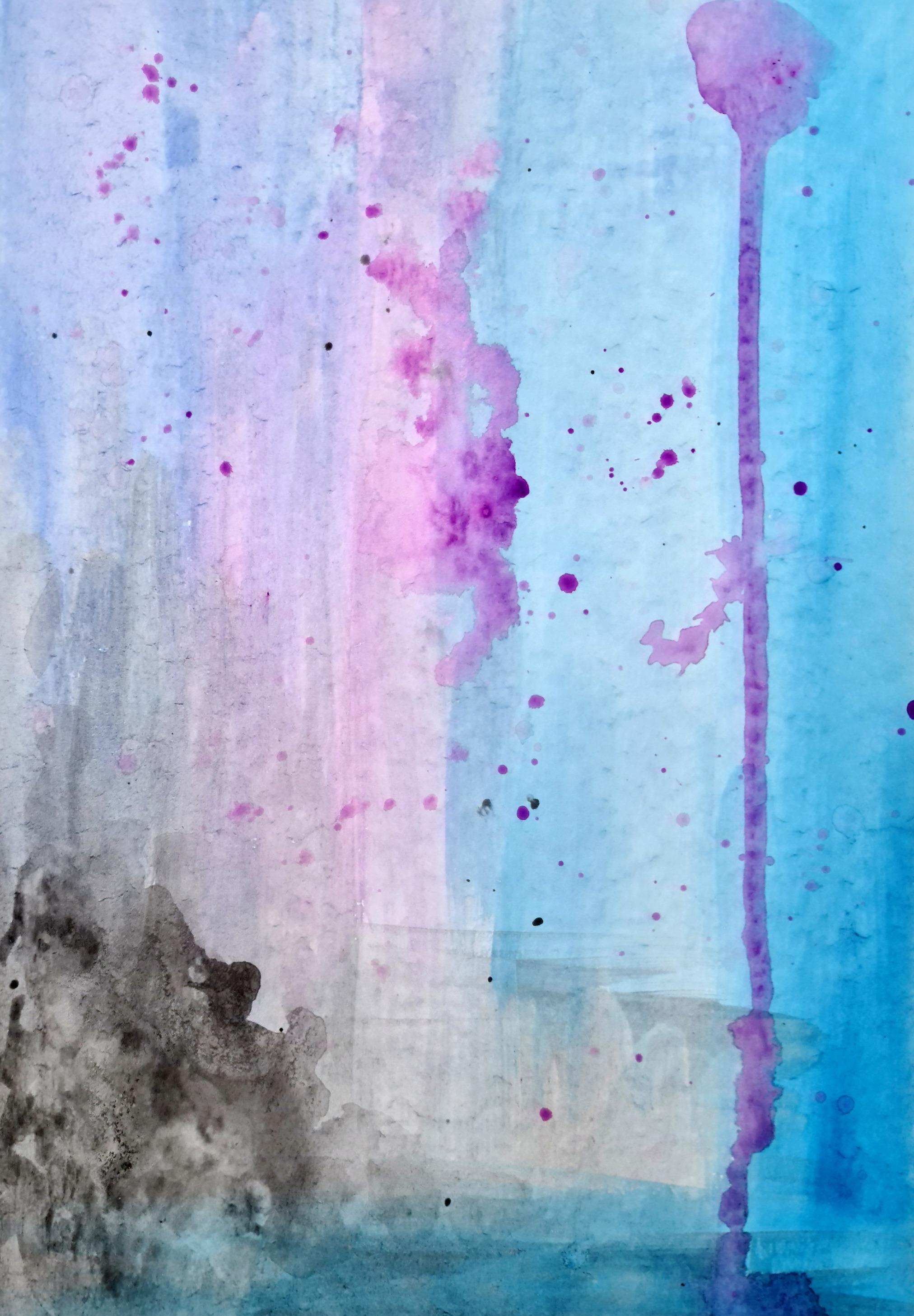 An abstract watercolour print by Clarrie-Anne on eco fine art paper titled Lilac Skies showing a lilac, blue and black themed watercolour interpretation of the sky as the colours run down the page.
