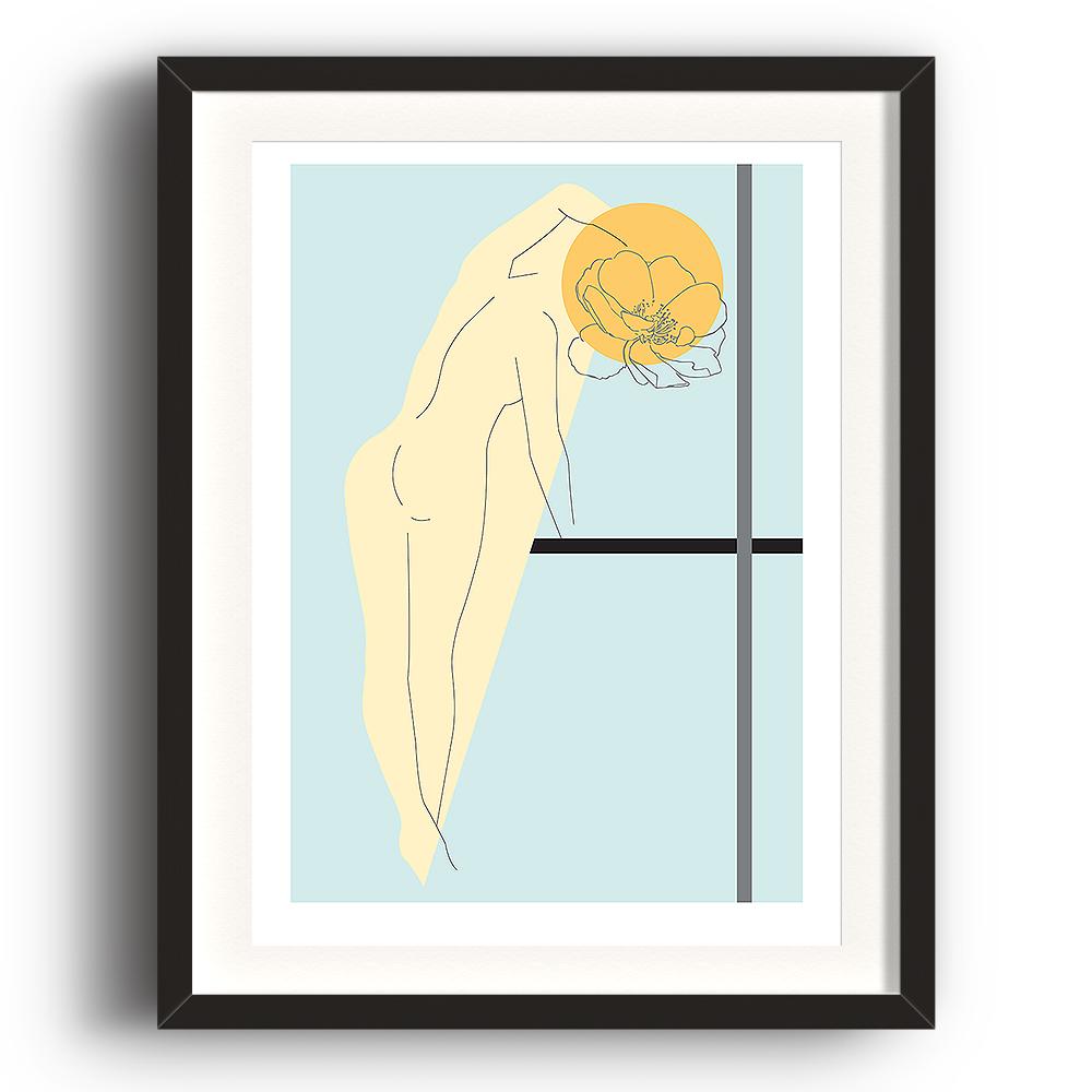 An abstract digital art print by Clarrie-Anne on eco fine art paper titled Bloom showing a line drawing of a female with a flower head, a yellow cricle on a blue background with black and grey lines. The image is set in a black coloured picture frame.