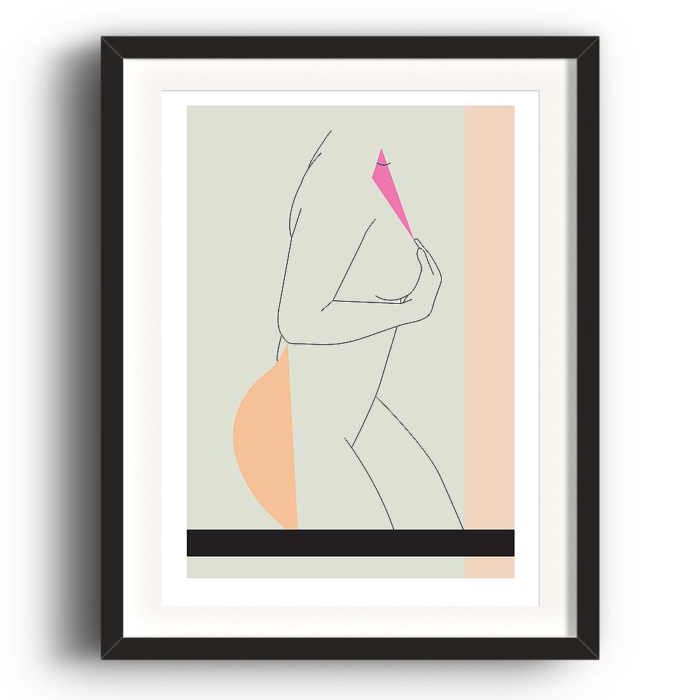 An abstract digital illustration print by Clarrie-Anne on eco fine art paper titled Body showing the side view of a woman drawn as a line drawing with abstract shapes. The image is set in a black coloured picture frame.