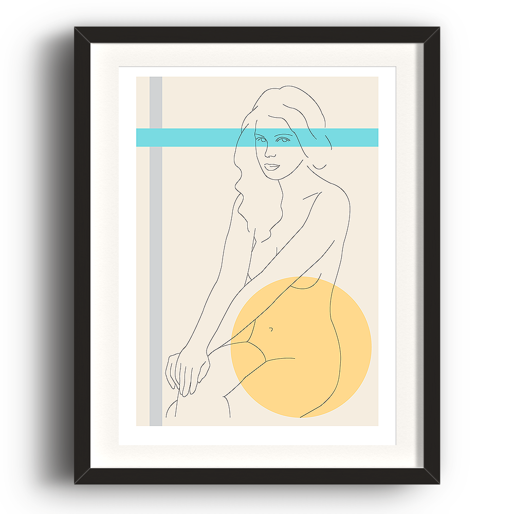 A digital illustration by Clarrie-Anne on eco fine art paper titled I Am Woman showing a handdrawn lined woman sitting with an abstract yellow circle and grey border line in the picture. The image is set in a black coloured picture frame.
