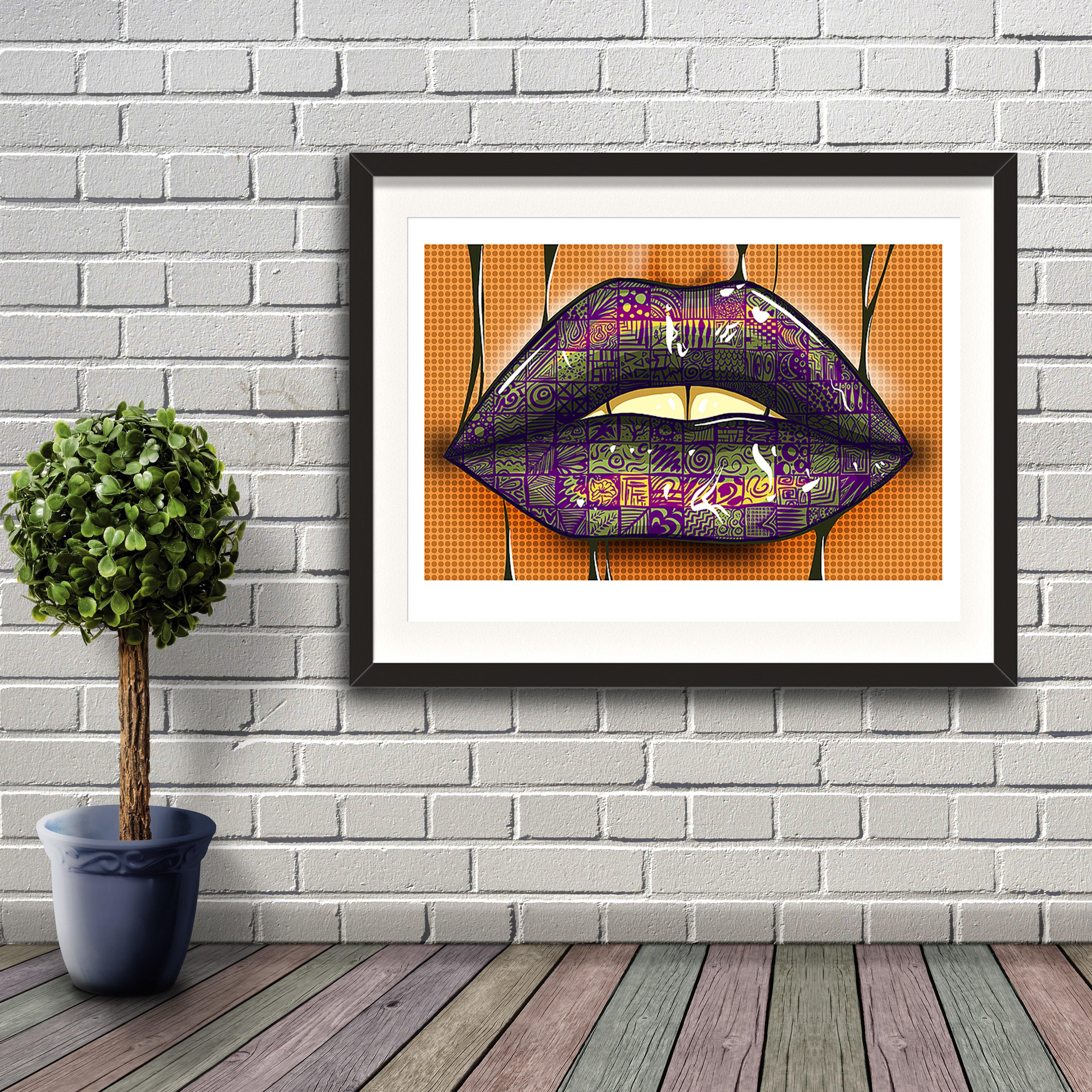 A digital painting by Lily Bourne printed on eco fine art paper titled Paint My Lips showing a purple animated tattoo pair of lips with a broken orange dotted background. Artwork is shown in a black frame hanigng on a grey brick wall.