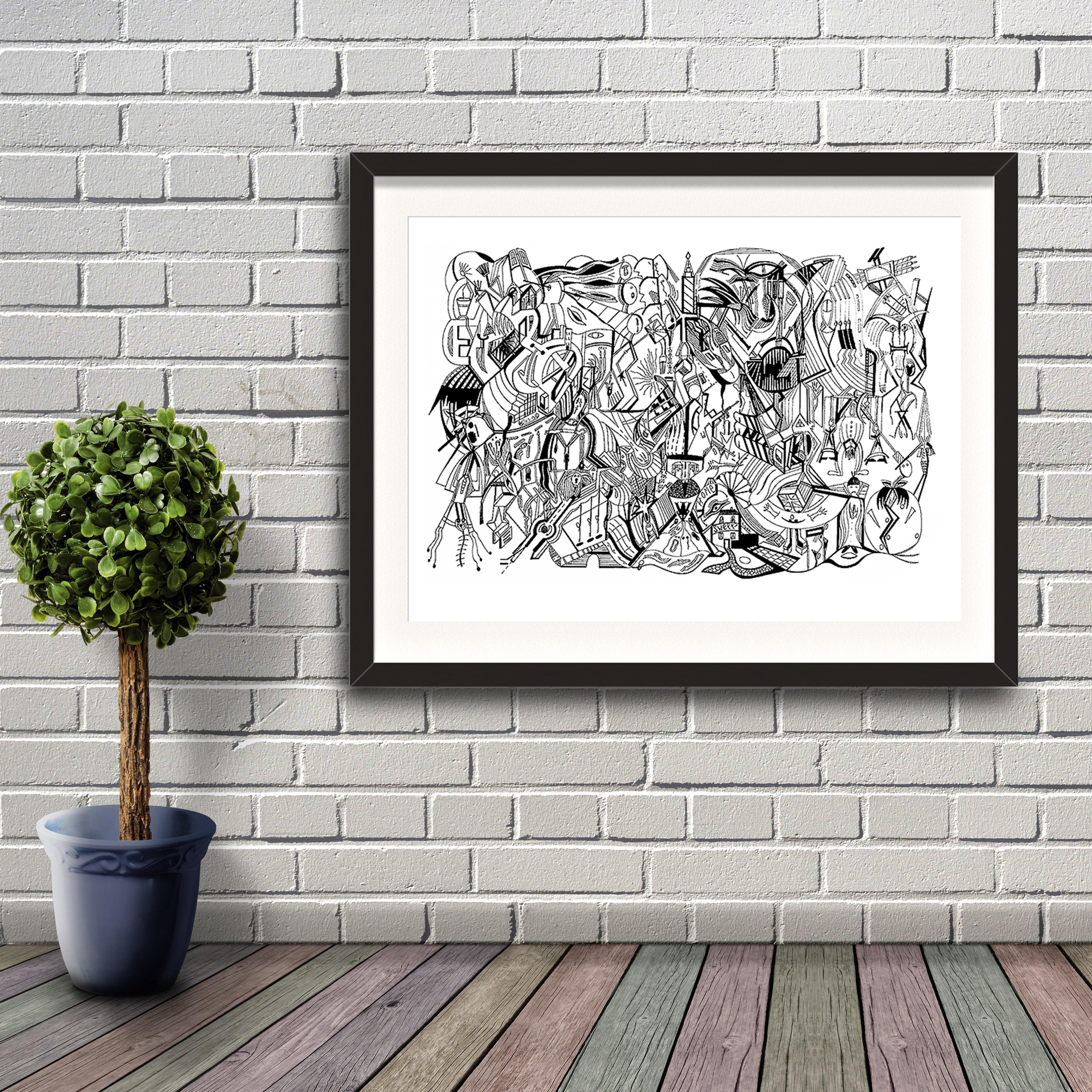 A fine art print from Jason Clarke titled Watching You drawn with a black Pentel pen. Dated 11/3/13. Artwork shown in a black frame hanging on a brick wall.