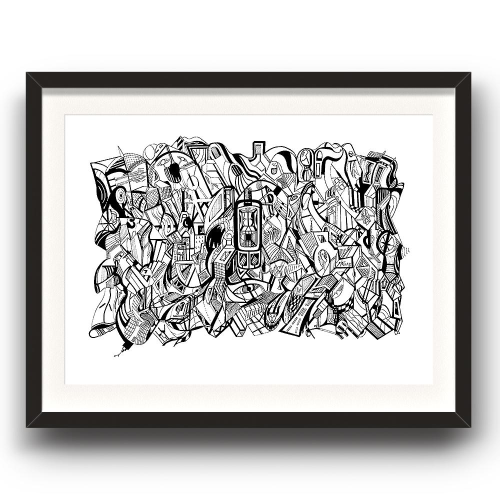 A fine art print from Jason Clarke titled Mobile drawn with a black Pentel pen. The image is set in a black coloured picture frame.