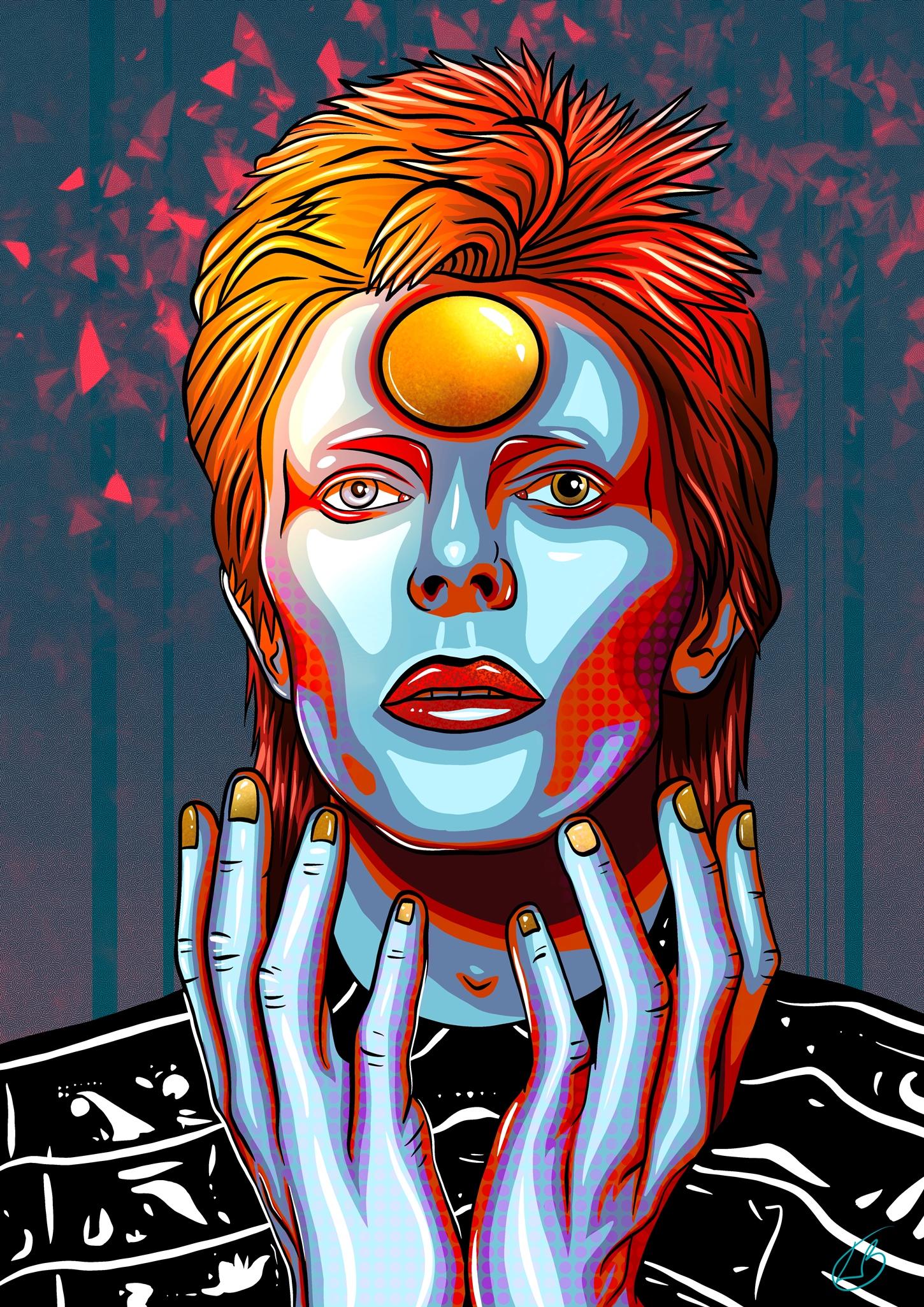 A digital painting in the form of pop art by Lily Bourne of David Bowie from his Ziggy Starduct period. Orange and blue coloured.