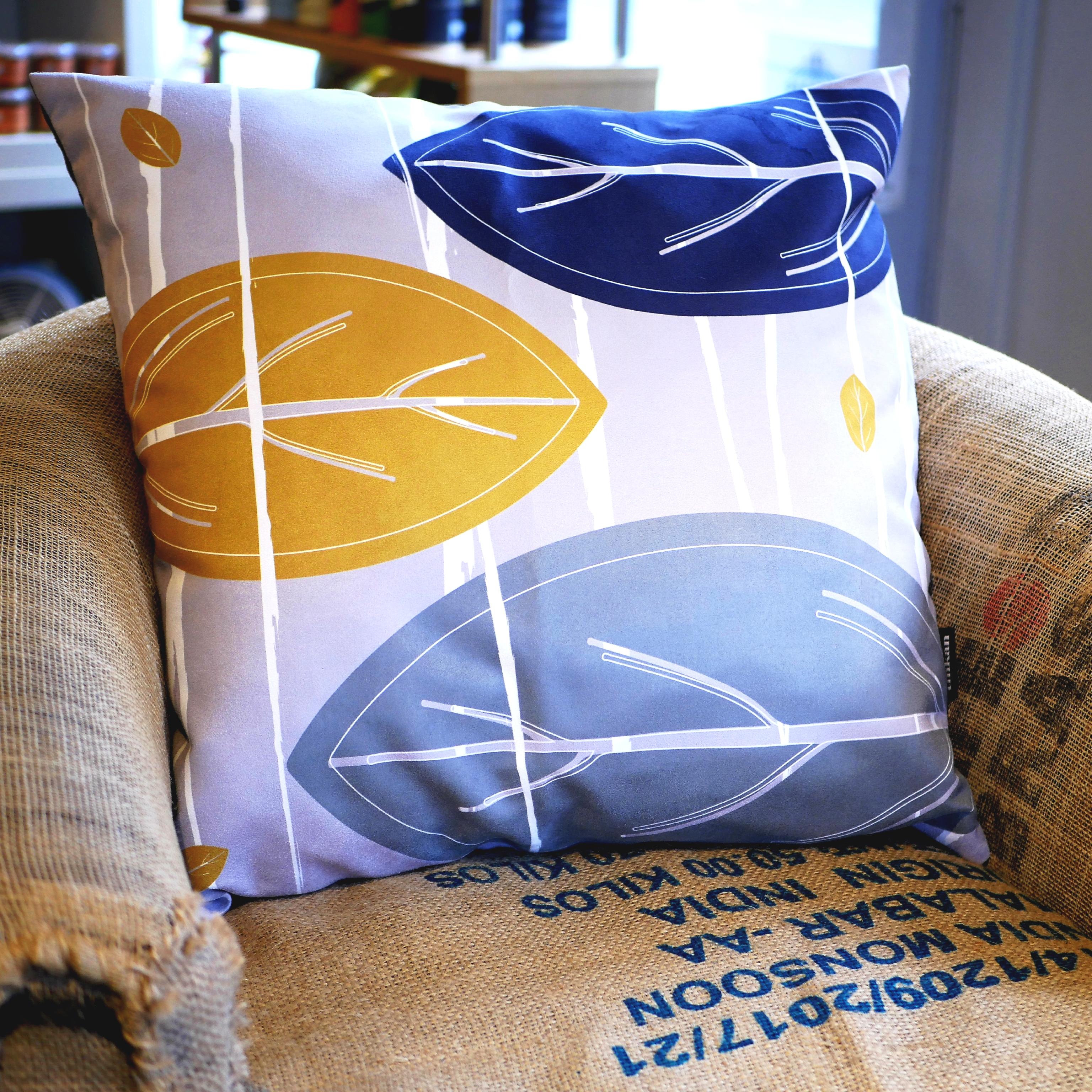 Blue, mustard yellow & grey faux suede soft feel Abstract Leaves Cushion, 57cm square, with luxury inner pad designed by thetinkan. VIEW PRODUCT >>