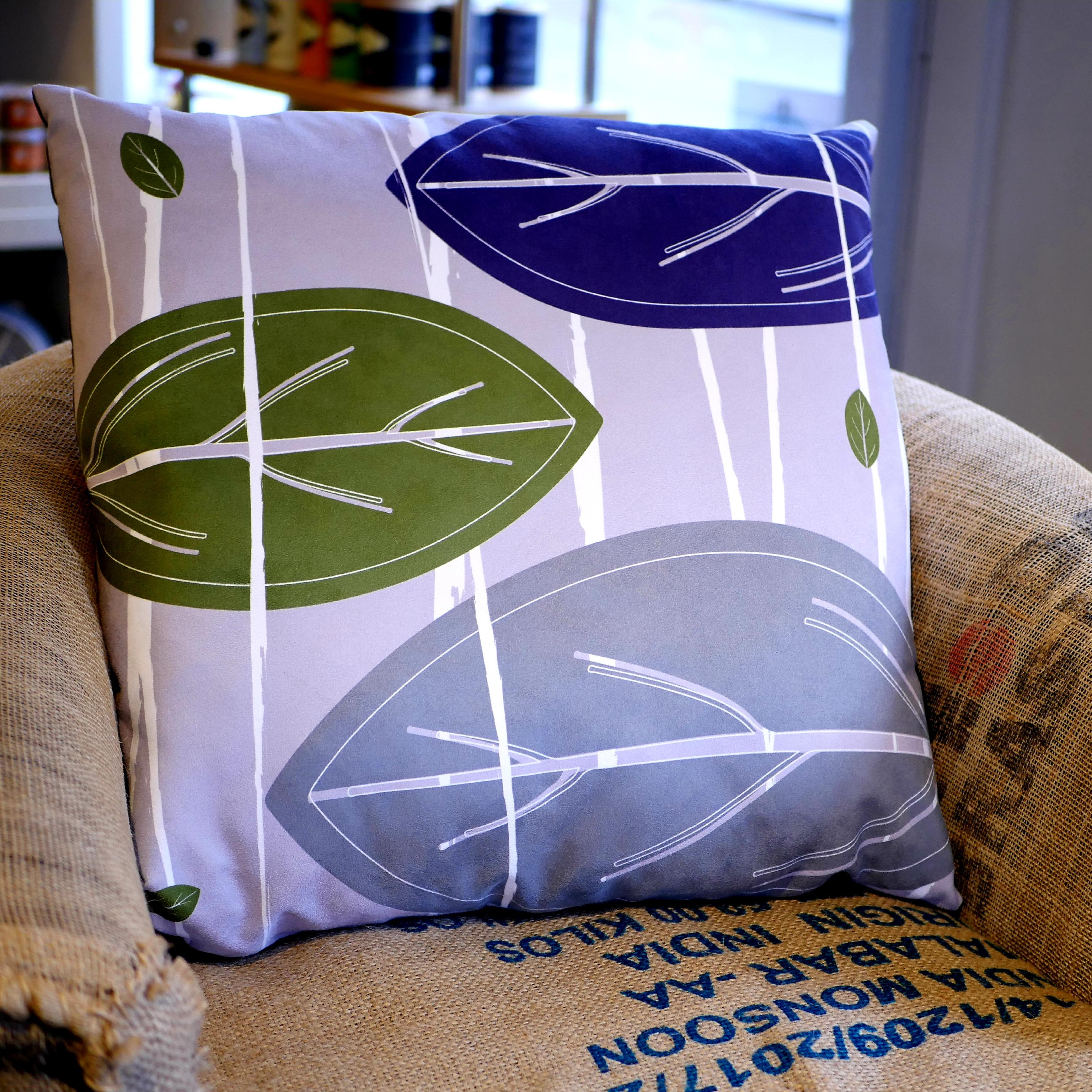 Purple, olive green & grey faux suede soft feel Abstract Leaves Cushion, 57cm square, with luxury inner pad designed by thetinkan. VIEW PRODUCT >>