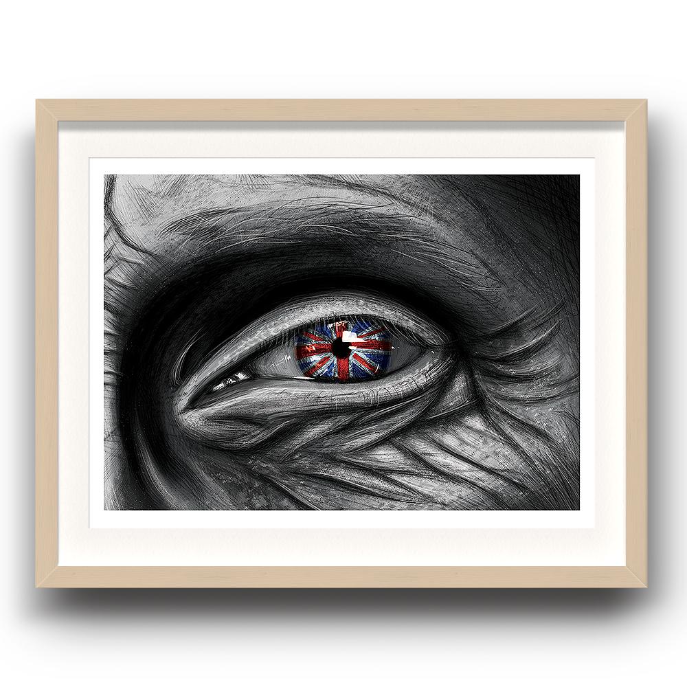 A digital painting by Lily Bourne called Patriot showing the closeup of an elderly persons eye with wrinkled skin around it showing the reflection of a union jack in the iris. Image in a beech picture frame.