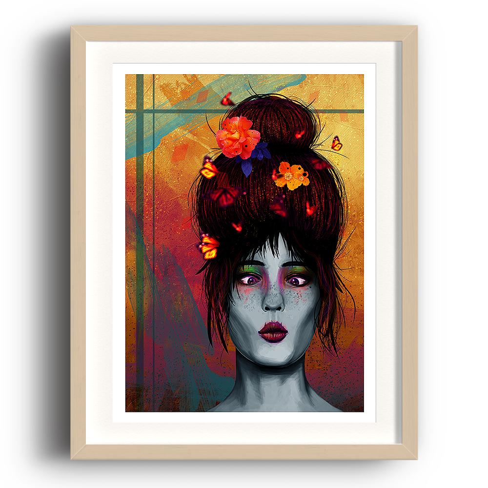 A digital painting called Butterfly Bonce by Lily Bourne showing a young lady with her hair and butterflies around her head. Her eyes are crossed as she looks at the butterflies around her. The image is set in a beech coloured picture frame.