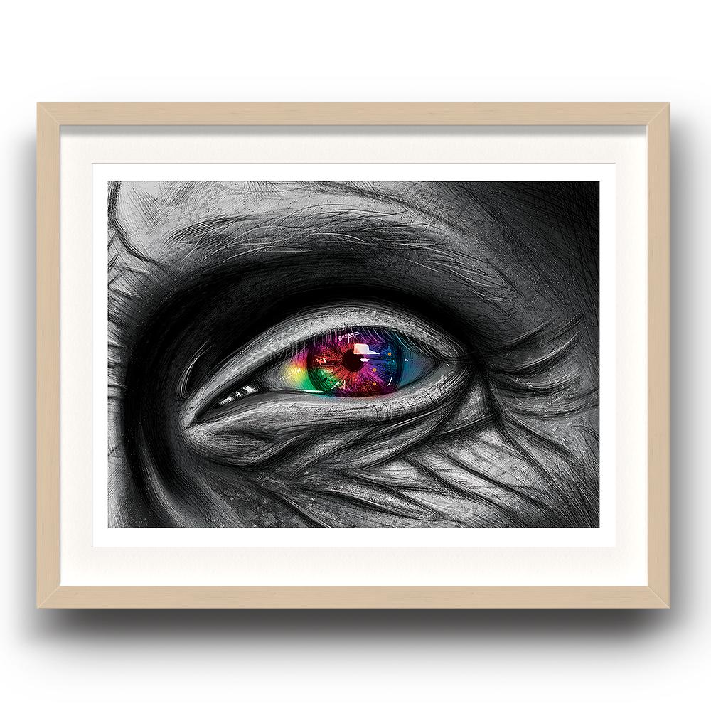 A digital painting called Rainbow Visions by Lily Bourne showing a close up of an elderly persons eye with the wrinkled skin around it in grey. The iris is rainbow coloured. The image is set in a beech coloured picture frame.