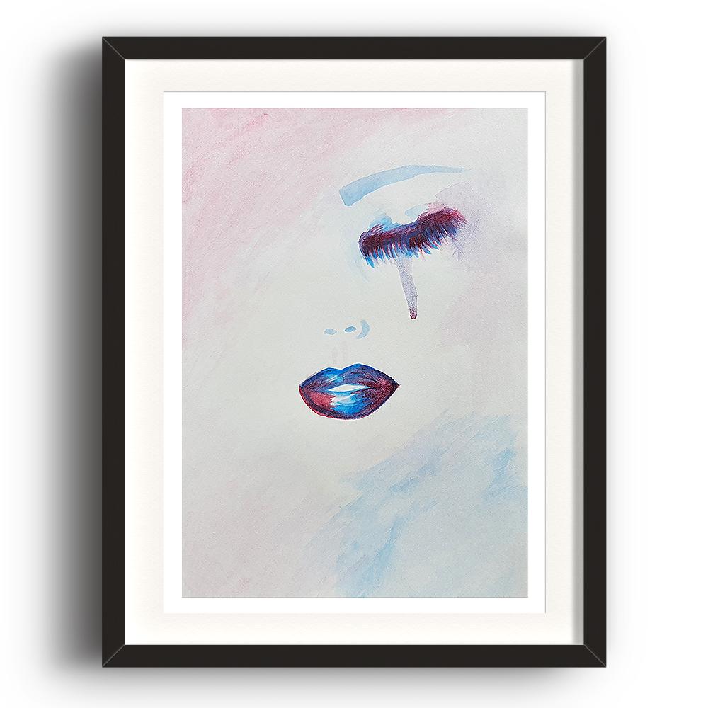 A watercolour print by Clarrie-Anne on eco fine art paper titled Lure showing a closed eye and lips of a female in purple and blue. A tear is falling from the eye. The image is set in a black coloured picture frame.