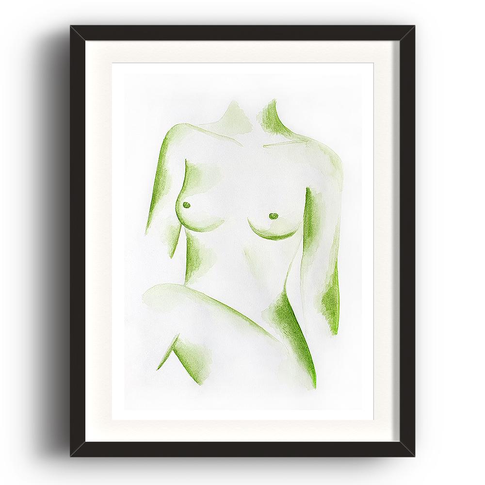 A watercolour print by Clarrie-Anne on eco fine art paper titled Poised showing the naked top half a female figure in green watercolour with a white background. The image is set in a black coloured picture frame.