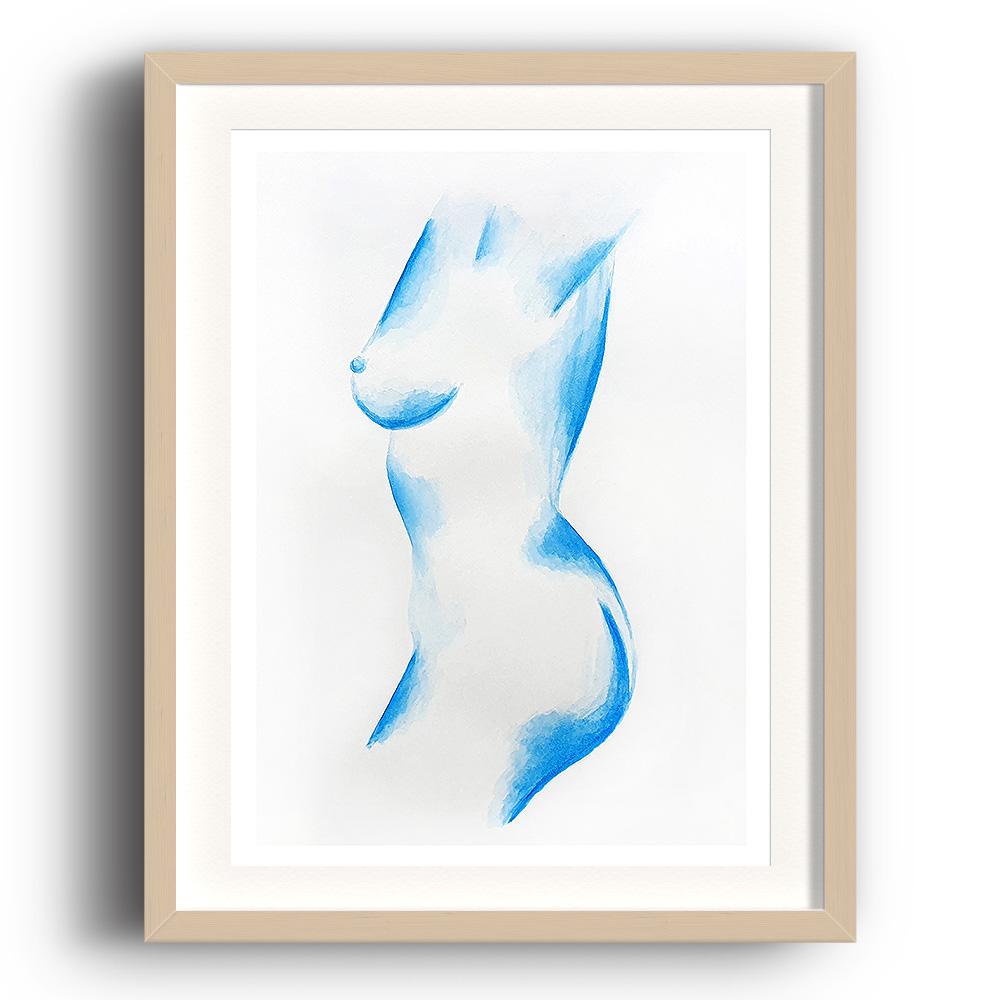 A watercolour print by Clarrie-Anne on eco fine art paper titled Solitary showing a sideview of a naked lady painted blue. The image is set in a beech coloured picture frame.