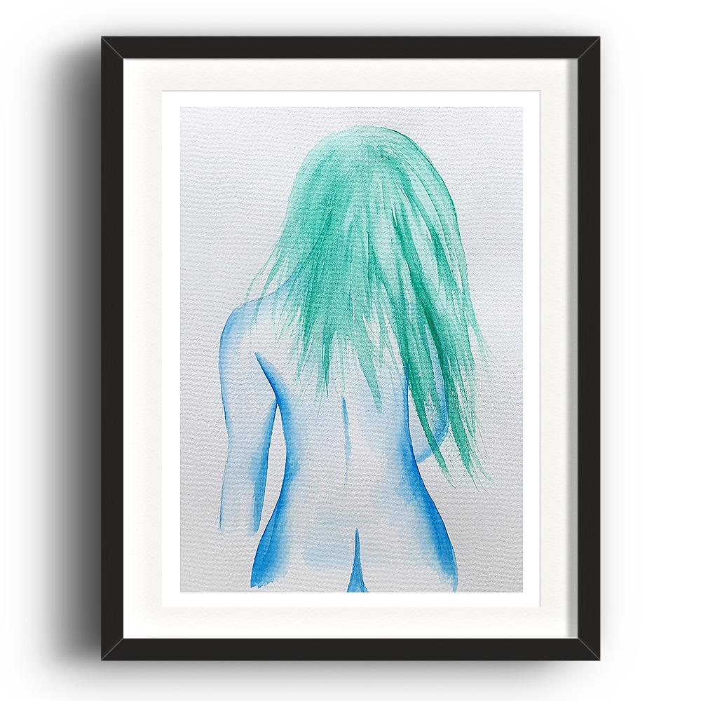 A watercolour print by Clarrie-Anne on eco fine art paper titled That Girl showing the rear of a naked blue lined female with green hair trailing down her back. The image is set in a black coloured picture frame.