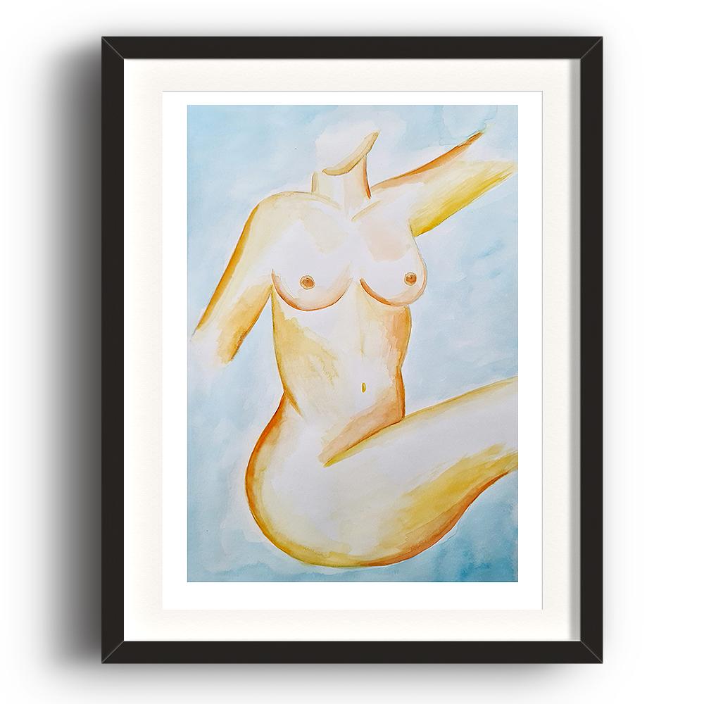 A watercolour print by Clarrie-Anne on eco fine art paper titled Confidence, showing a naked woman woman sitting with leg posed and arm raised. The image is set in a black coloured picture frame..