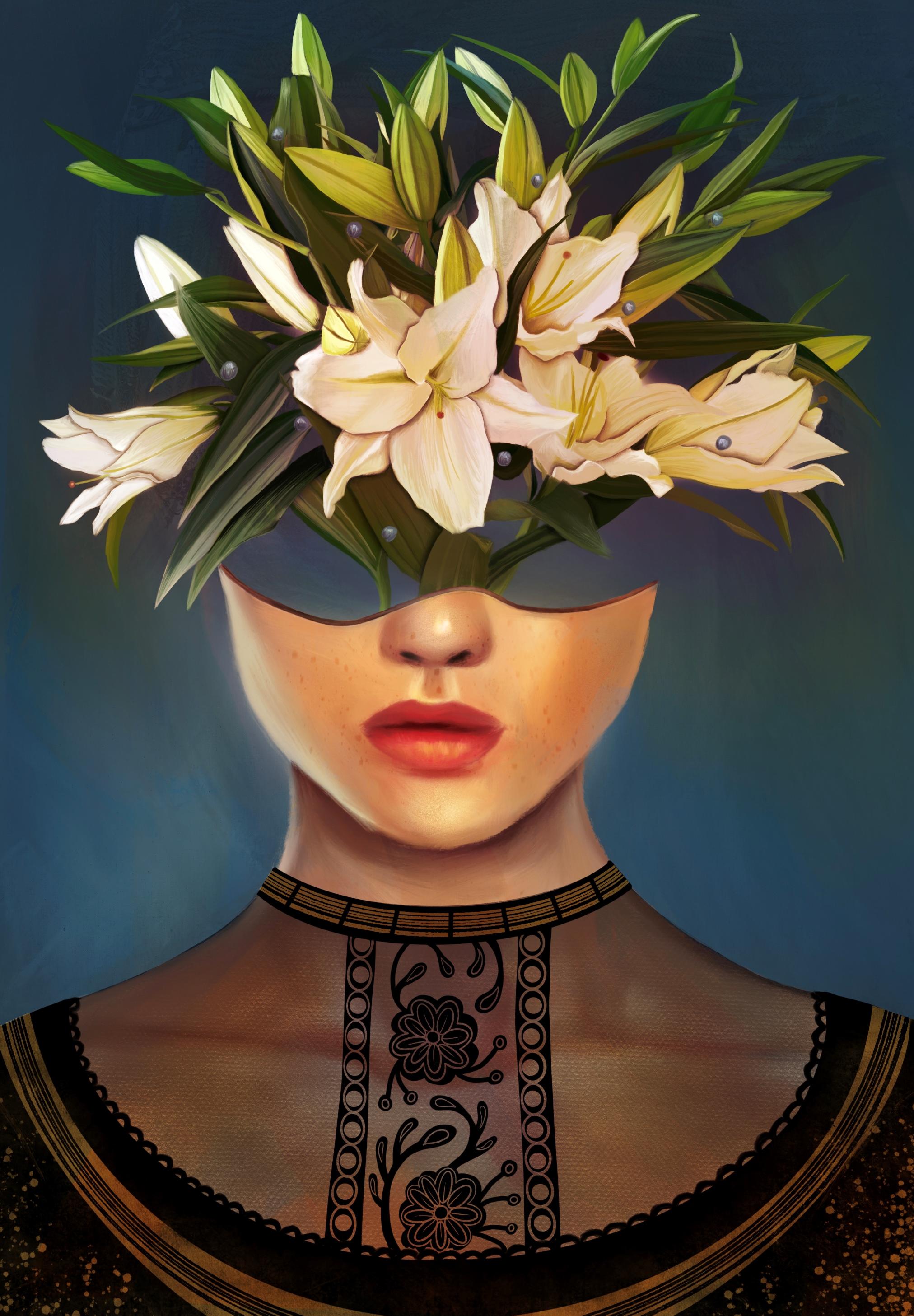 A digital painting by Lily Bourne printed on eco fine art paper titled Lilium showing a female head dressed in a black lace top. The head acts as a vase for white lily flowers.