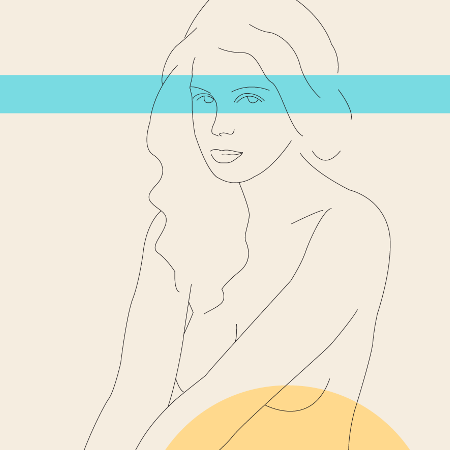 Close up of a digital illustration by Clarrie-Anne on eco fine art paper titled I Am Woman showing a handdrawn lined woman sitting with an abstract yellow circle and grey border line in the picture.