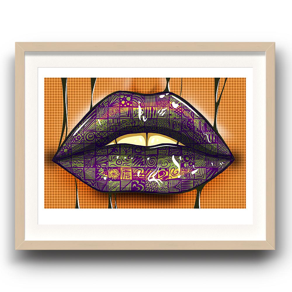 A digital painting by Lily Bourne printed on eco fine art paper titled Paint My Lips showing a purple animated tattoo pair of lips with a broken orange dotted background. The image is set in a beech coloured picture frame.
