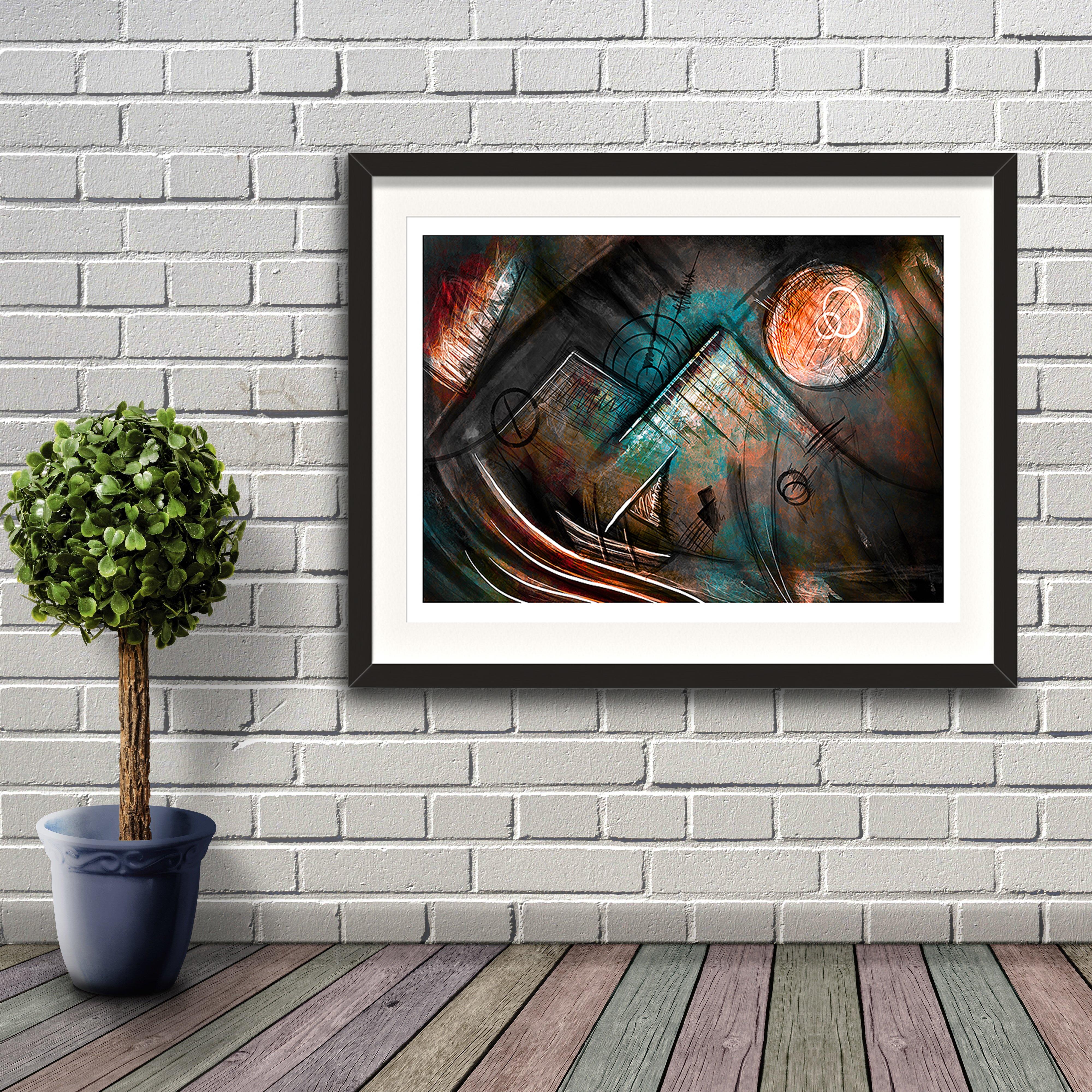 A digital painting called Lost At Mind by Lily Bourne showing an animated abstracrseacape with a ship being tossed about in the waves. Artwork is shown in a black frame hanging on a brick wall.