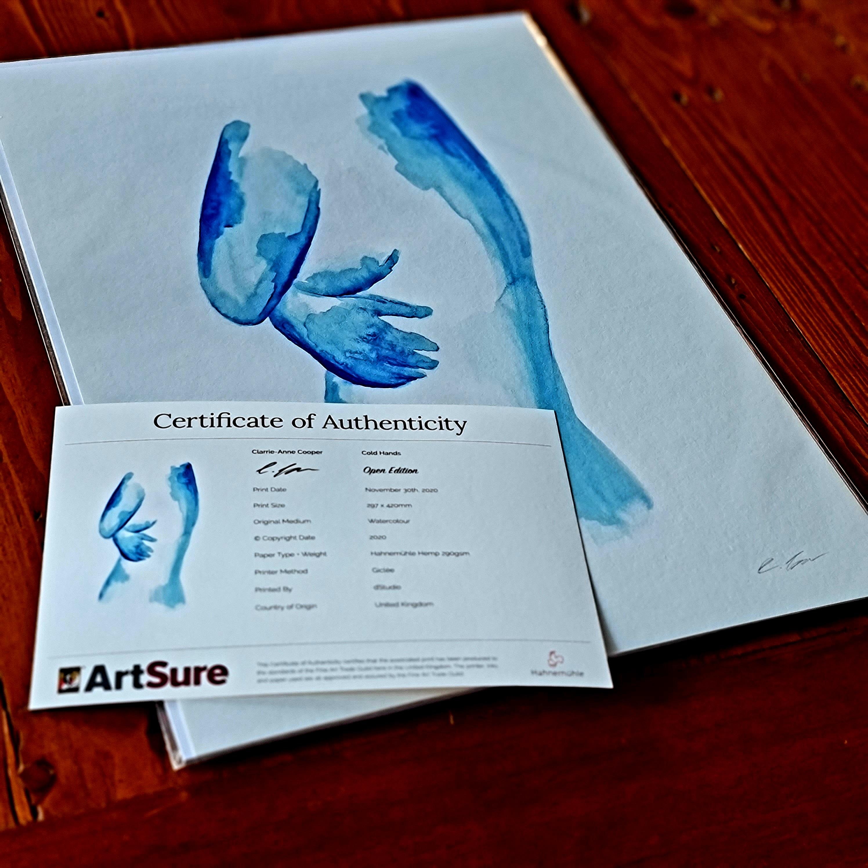 A watercolour print by Clarrie-Anne on eco fine art paper titled Cold Hands showing a blue painted side profile of a naked lady with her hands wrapped around herself. Print shown with certificate.