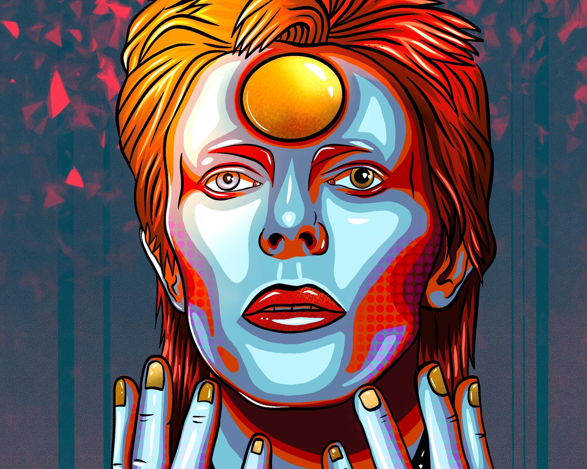 A digital painting in the form of pop art by Lily Bourne of David Bowie from his Ziggy Starduct period. Orange and blue coloured.