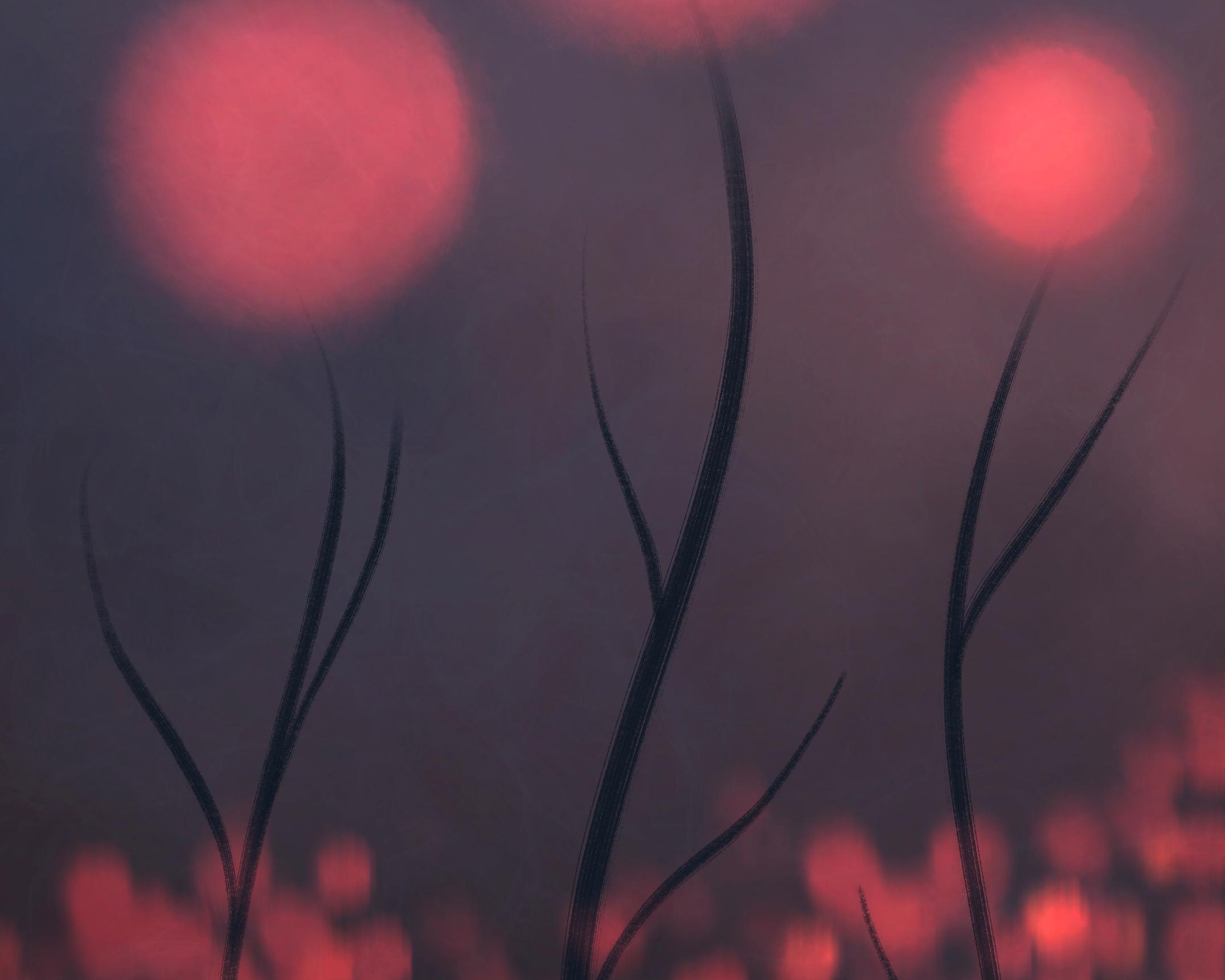 Close up of an abstract digital painting by Lily Bourne titled Ember Flowers. A red themed artwork with red ball flowers shown at dusk.