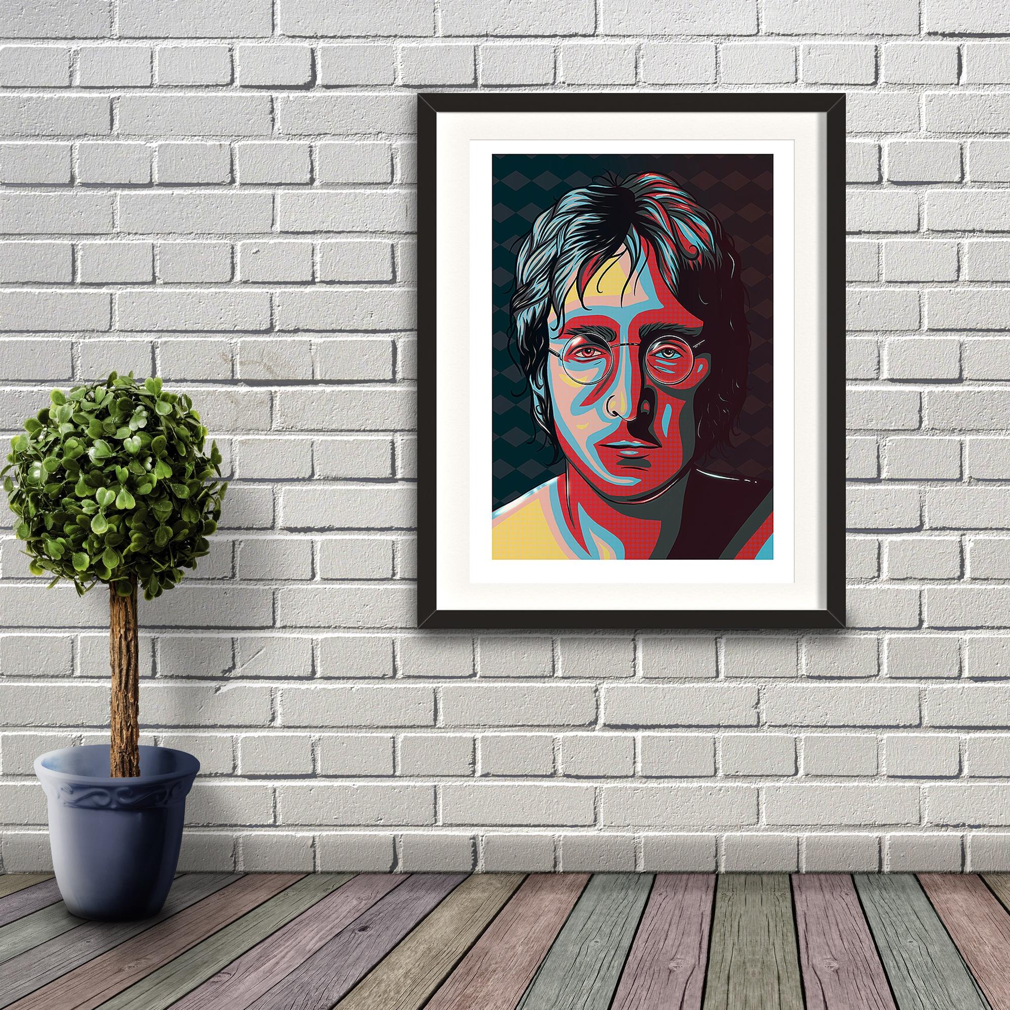 A digital painting in the form of pop art by Lily Bourne of John Lennon from the 1960s. Red, yellow, blue and black in colour.