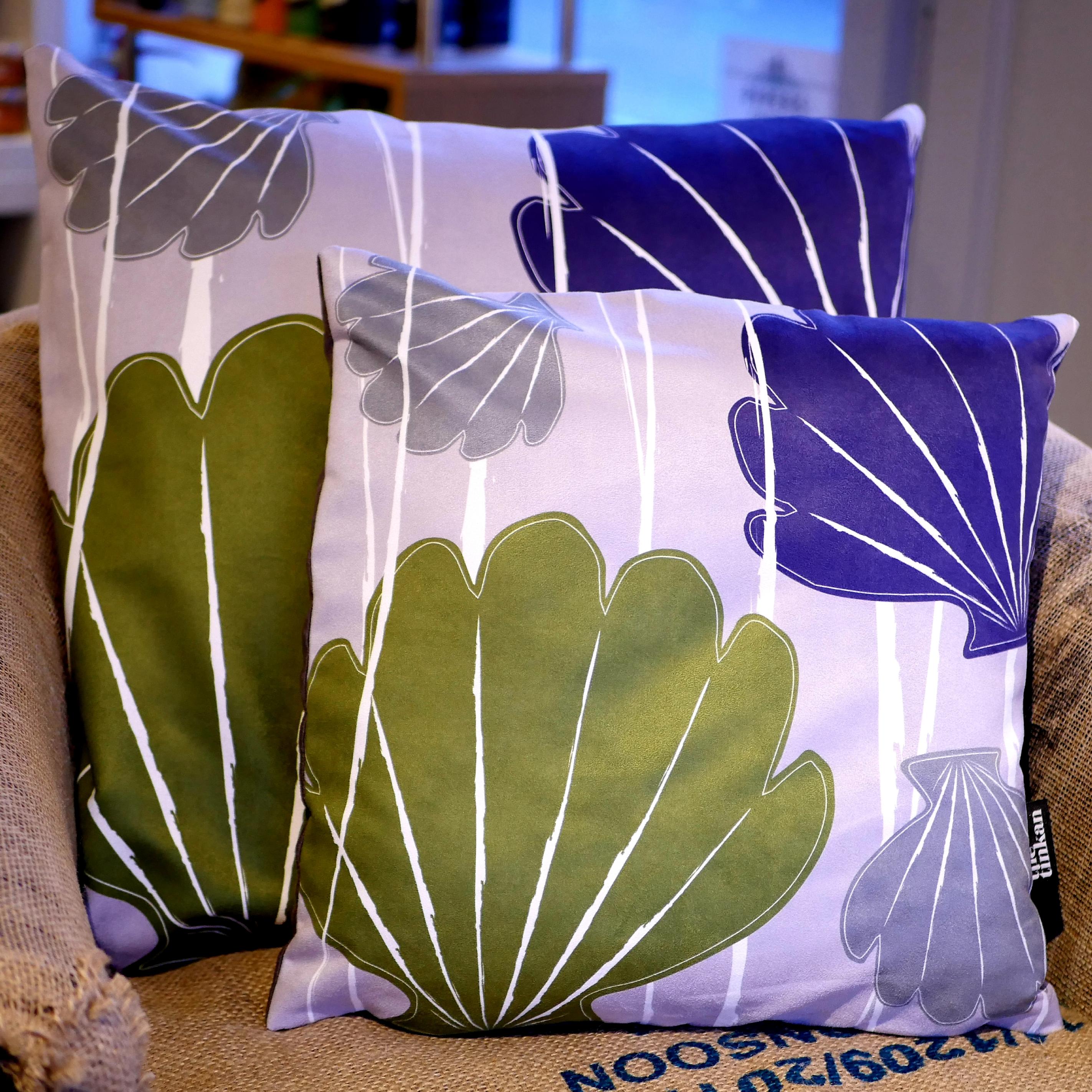 Purple, olive green & grey faux suede soft feel Abstract Shells Cushions, 43cm & 57cm square, with luxury inner pads designed by thetinkan. VIEW PRODUCT >>