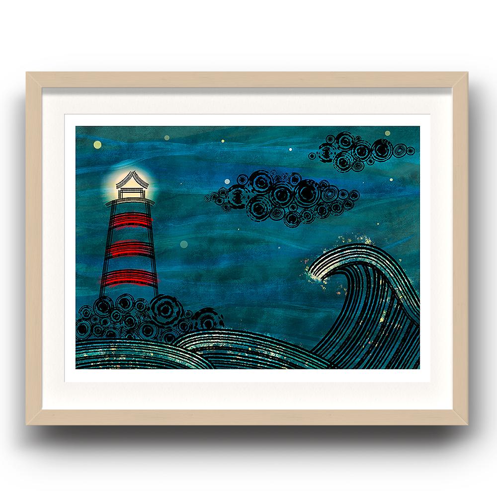 A blue themed digtal painting by Lily Bourne showing waves at sea with a red lighthouse at night and black clouds. Image in a beech frame.