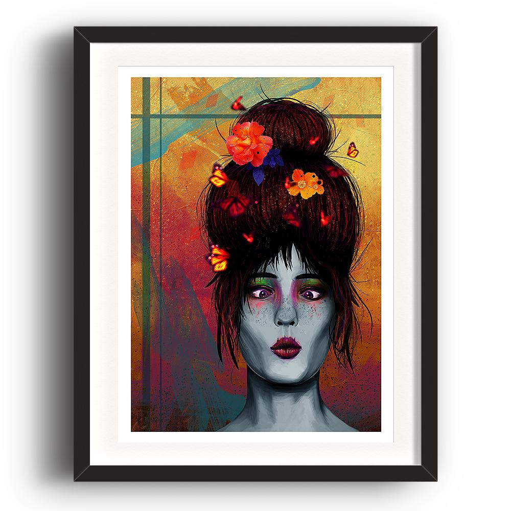 A digital painting called Butterfly Bonce by Lily Bourne showing a young lady with her hair and butterflies around her head. Her eyes are crossed as she looks at the butterflies around her. The image is set in a black coloured picture frame.