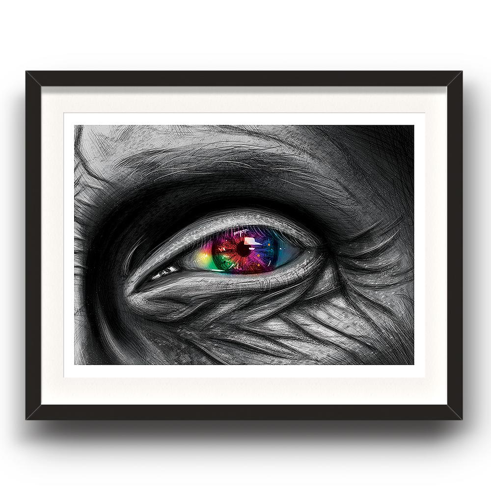 A digital painting called Rainbow Visions by Lily Bourne showing a close up of an elderly persons eye with the wrinkled skin around it in grey. The iris is rainbow coloured. The image is set in a black coloured picture frame.