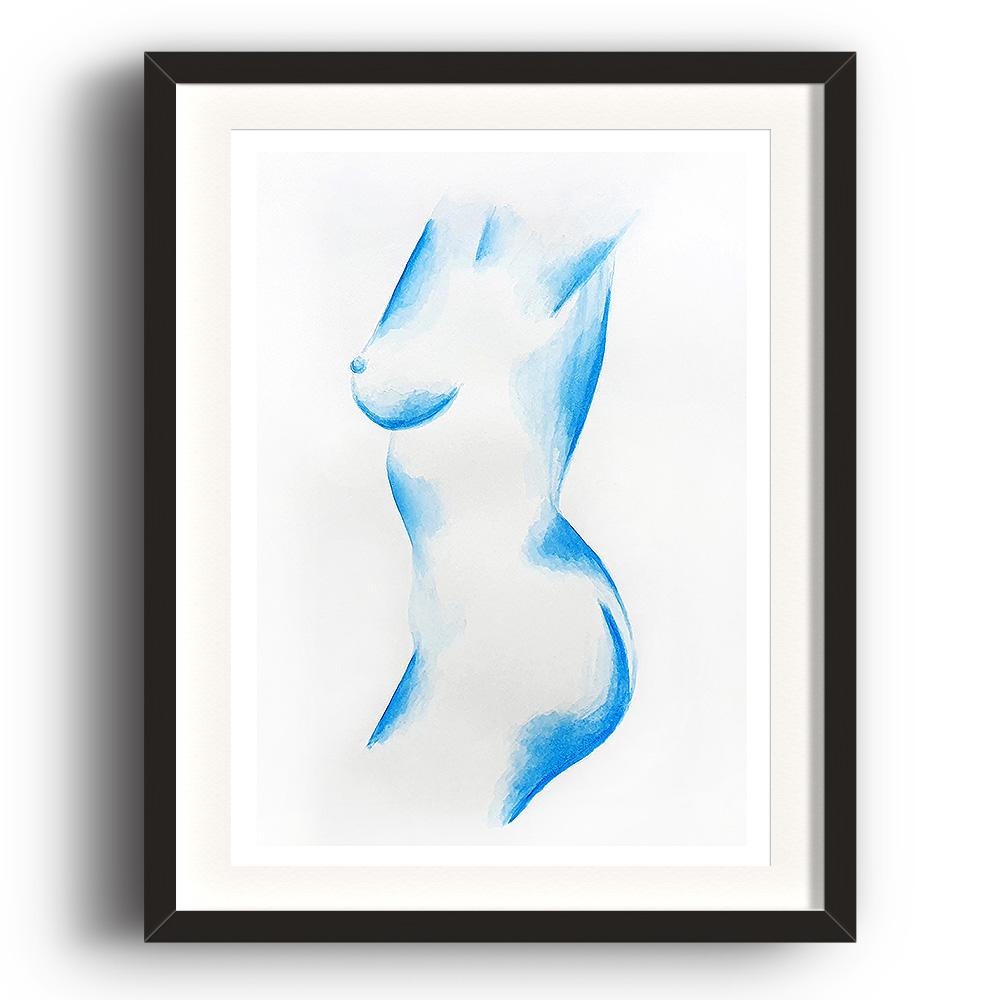 A watercolour print by Clarrie-Anne on eco fine art paper titled Solitary showing a sideview of a naked lady painted blue. The image is set in a black coloured picture frame.