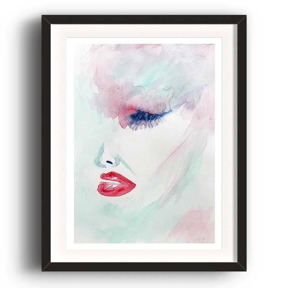 A watercolour print by Clarrie-Anne on eco fine art paper titled Wistful showing the side of a female face in red, green and blue with a wash backgorund. The image is set in a black coloured picture frame.