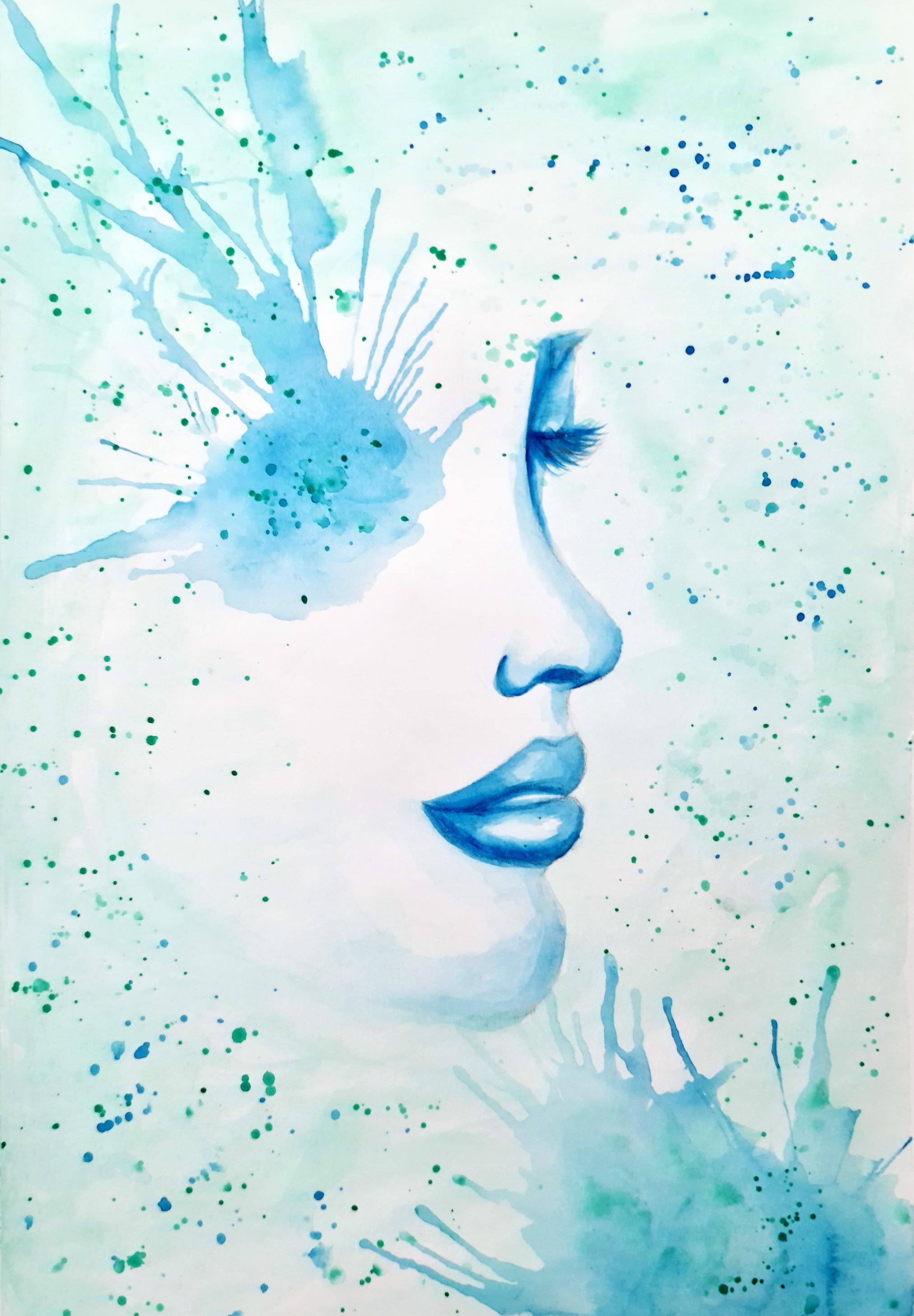 A watercolour print by Clarrie-Anne on eco fine art paper titled Surfacing showing a black watercolour outlined female face with a blue paint splattered eye and paint splatters across the picture.