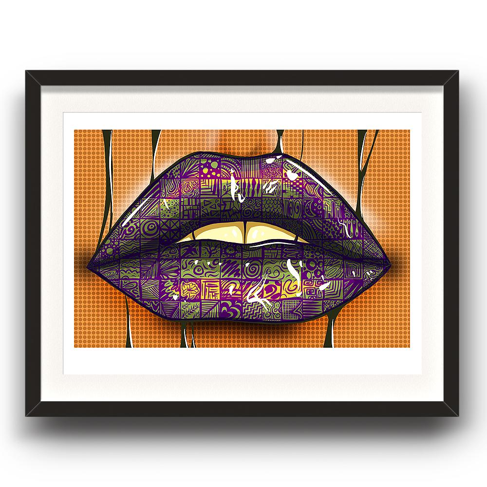 A digital painting by Lily Bourne printed on eco fine art paper titled Paint My Lips showing a purple animated tattoo pair of lips with a broken orange dotted background. The image is set in a black coloured picture frame.
